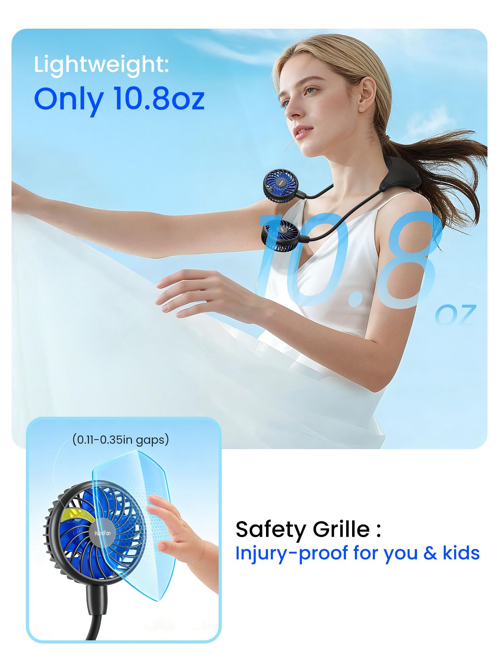 HandFan 10000mAh Neck Fan, 360° Rotation Hands Free Portable Fans for your Neck, 48h Lasting Rechargeable Battery Operated Wearable Necklace Personal Cool Fans for Travel/Disney/Sports/Cycling/Hiking