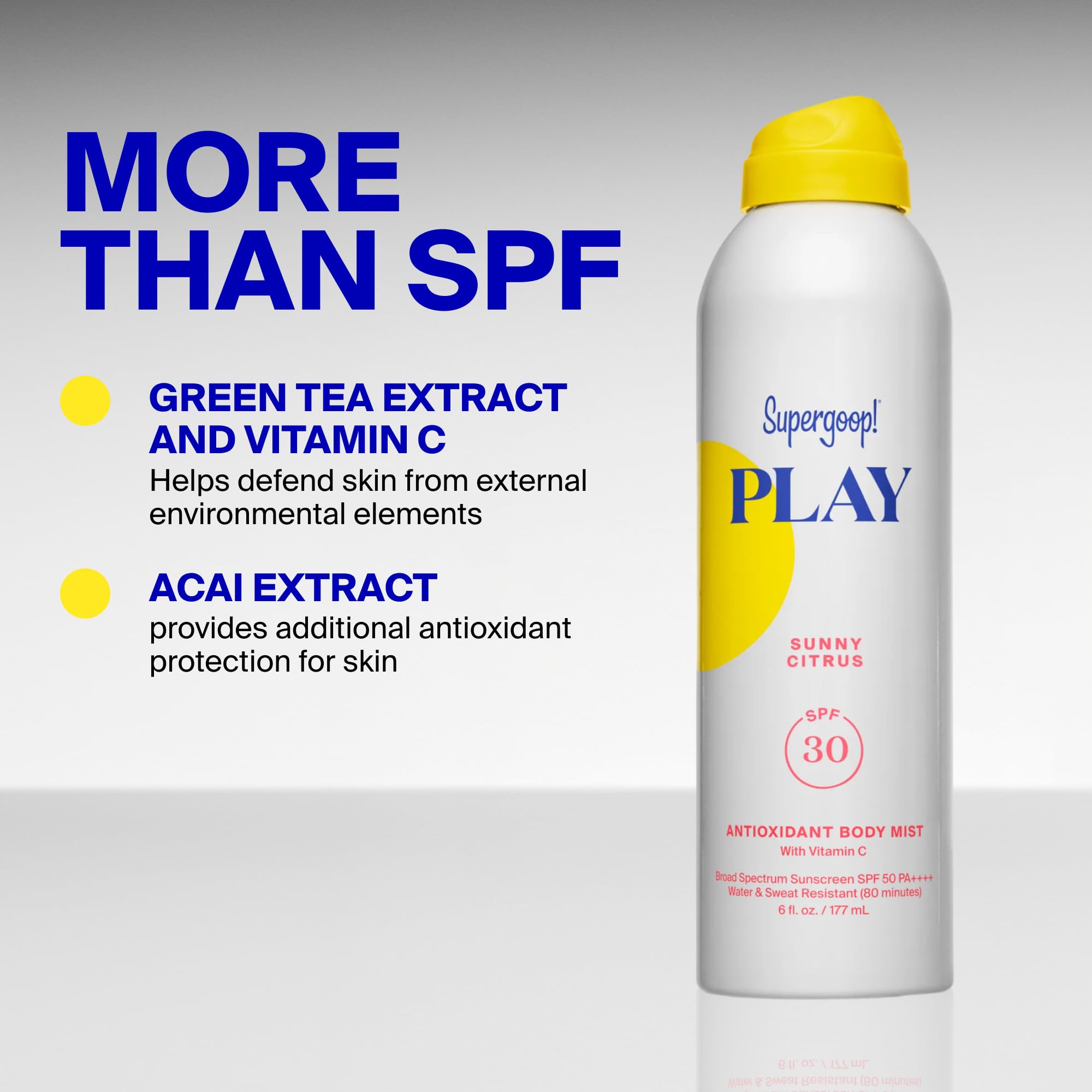 Supergoop! PLAY Antioxidant Body Mist w/Vitamin C - 6 fl oz - SPF 50 PA++++ Broad Spectrum Sunscreen - Body Spray - Great for Active Days - Sunny Citrus