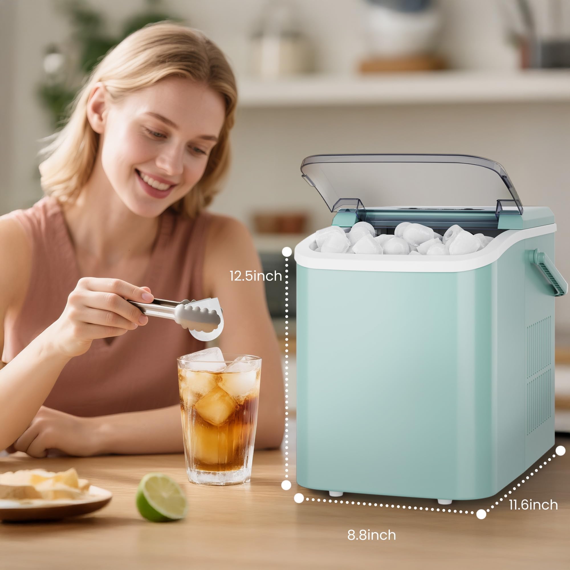 DUMOS Countertop Ice Maker with Handle, 26lbs/24H Portable Ice Machine | 9 Bullet Cubes Ready in 6 Mins, Self-Cleaning, Quiet Compact for Home, Kitchen, RV, Camping, Bright Black