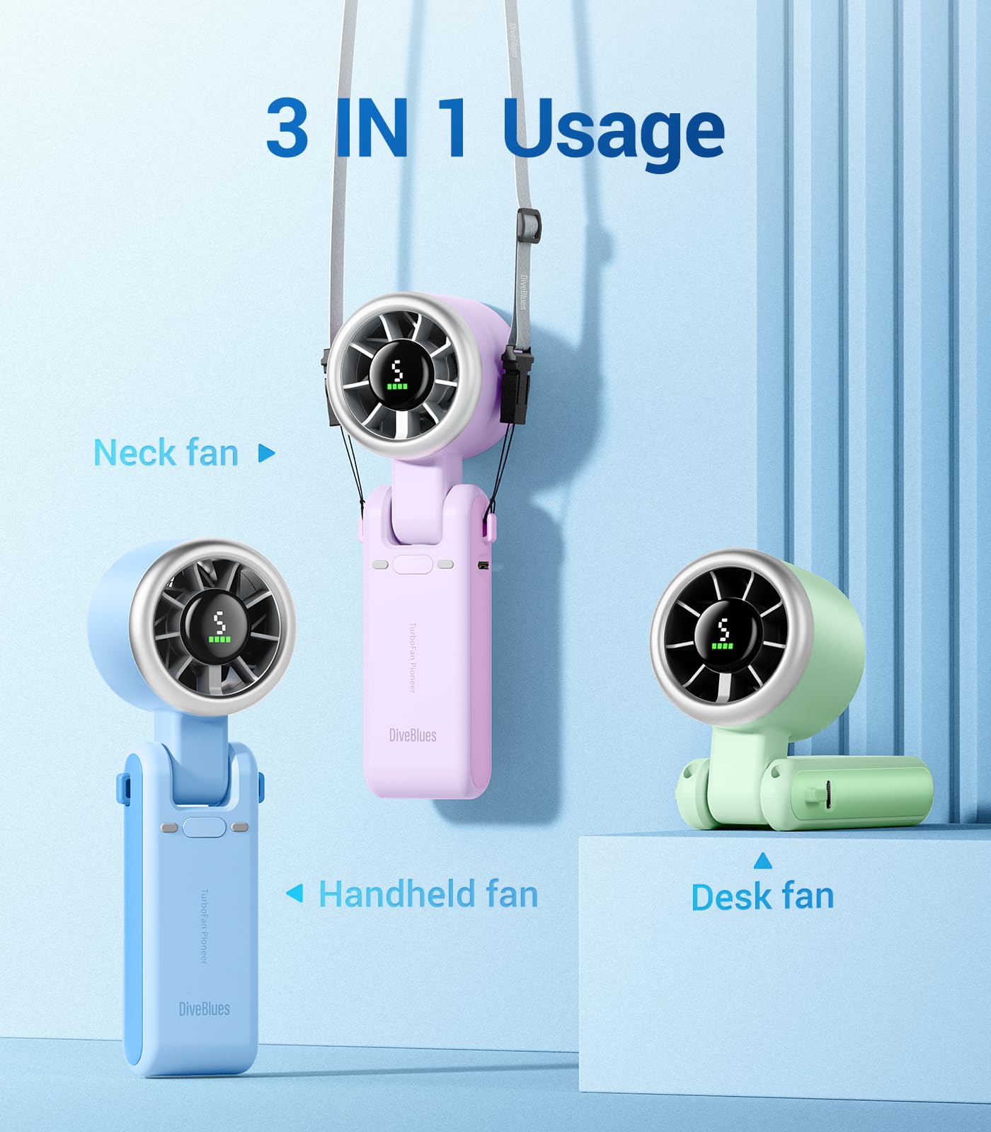 Diveblues Portable Handheld Turbo Fan | 3 IN 1 Hand/Neck/Desk Fan, Up to 12 Working Hours, 5 Gear Wind, Battery Operated, Travel, Working, Outdoor Activities