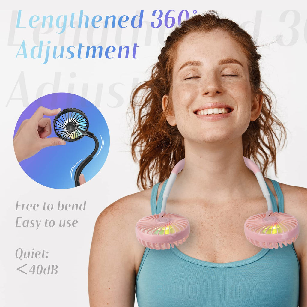VAGAU Portable Neck Fan with Colorful LED Lights, 360 Rotation, Wearable Air Conditioner for Office Travel Sport, 3 Adjustable Speeds (Pink)