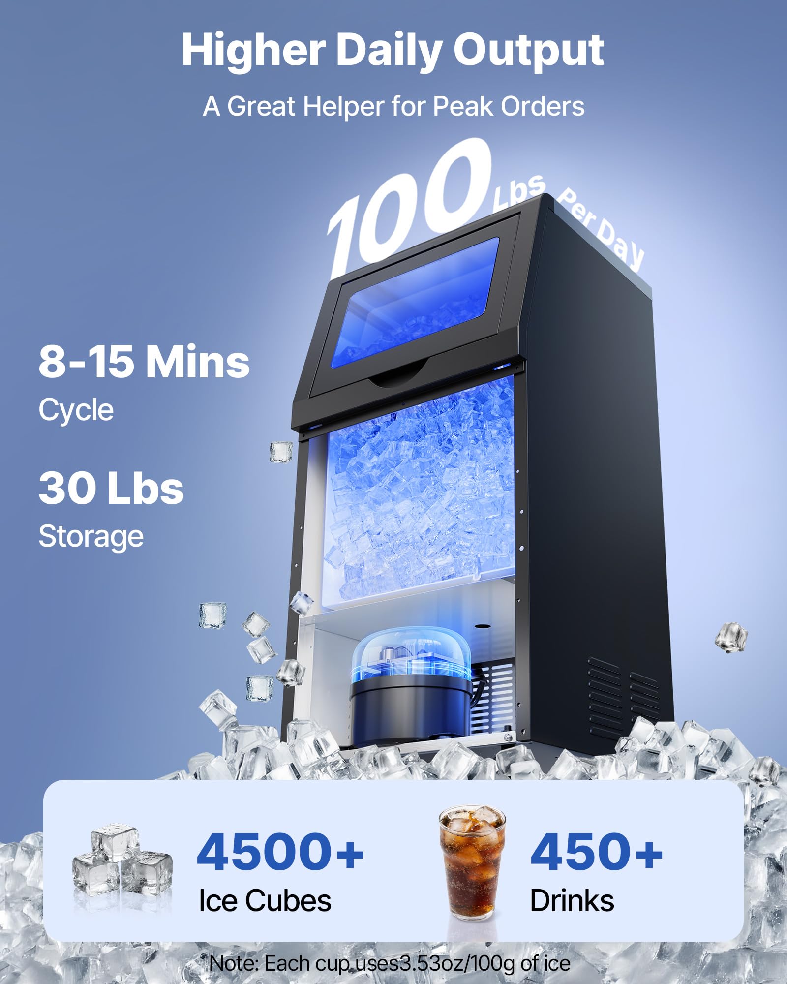 VEVOR Commercial Ice Maker Machine, 80 lbs/24h with 13 lbs Storage Capacity, Countertop/Freestanding/Under Counter, Stainless Steel Ice Maker with LED Display & Self-Cleaning, for Home Bar Restaurant