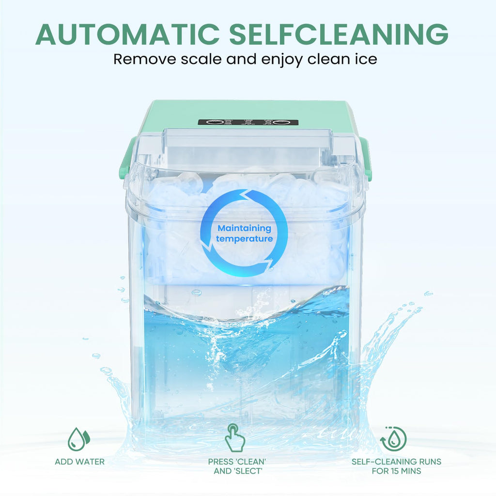 Ice Makers Countertop, Portable Ice Machine with Handle, 6 Mins 9 Bullet Cubes with Basket and Scoop, 26lbs in 24Hrs, Auto-Cleaning, for Home, Kitchen, RV, Camping, Green