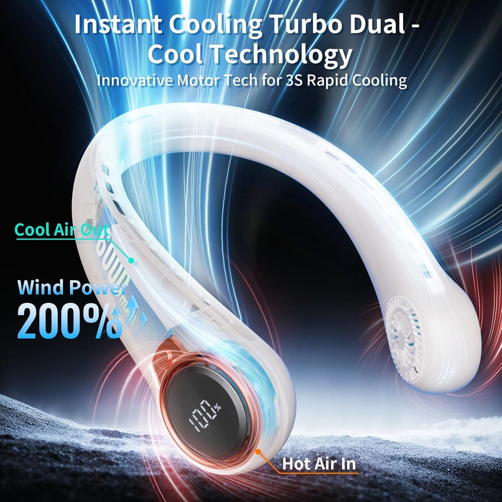 Portable Neck Fan with 6000mAh USB - Rechargeable Battery, Ultra-Light Bladeless Neck Fan LED Display, 360° Cooling Wearable Fan, 3 Speeds-Black