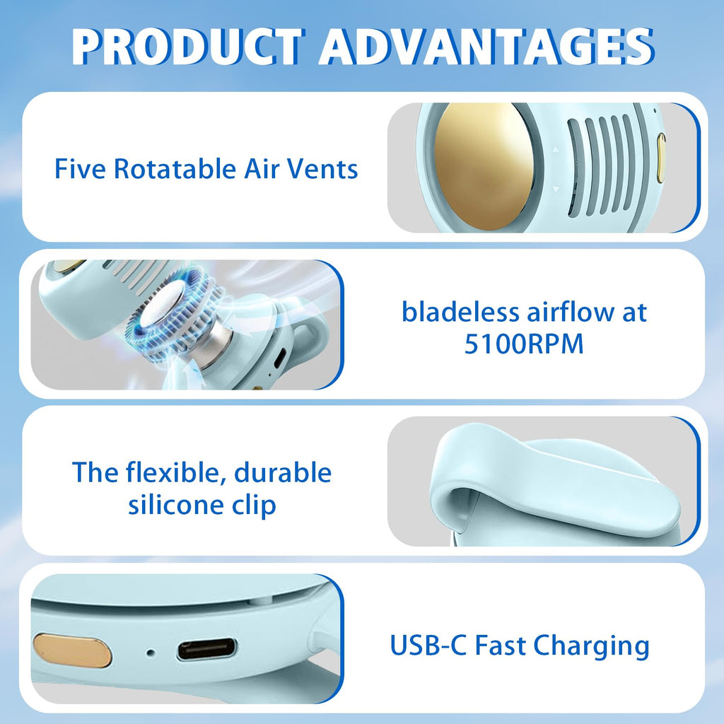 Portable Fan,2-in-1 Waist Clip On Bladeless, Ultra-Quiet Mini Personal Neck Fan 3 Speeds with 360°Adjustable Clip USB Rechargeable for Hiking,Office & Outdoor