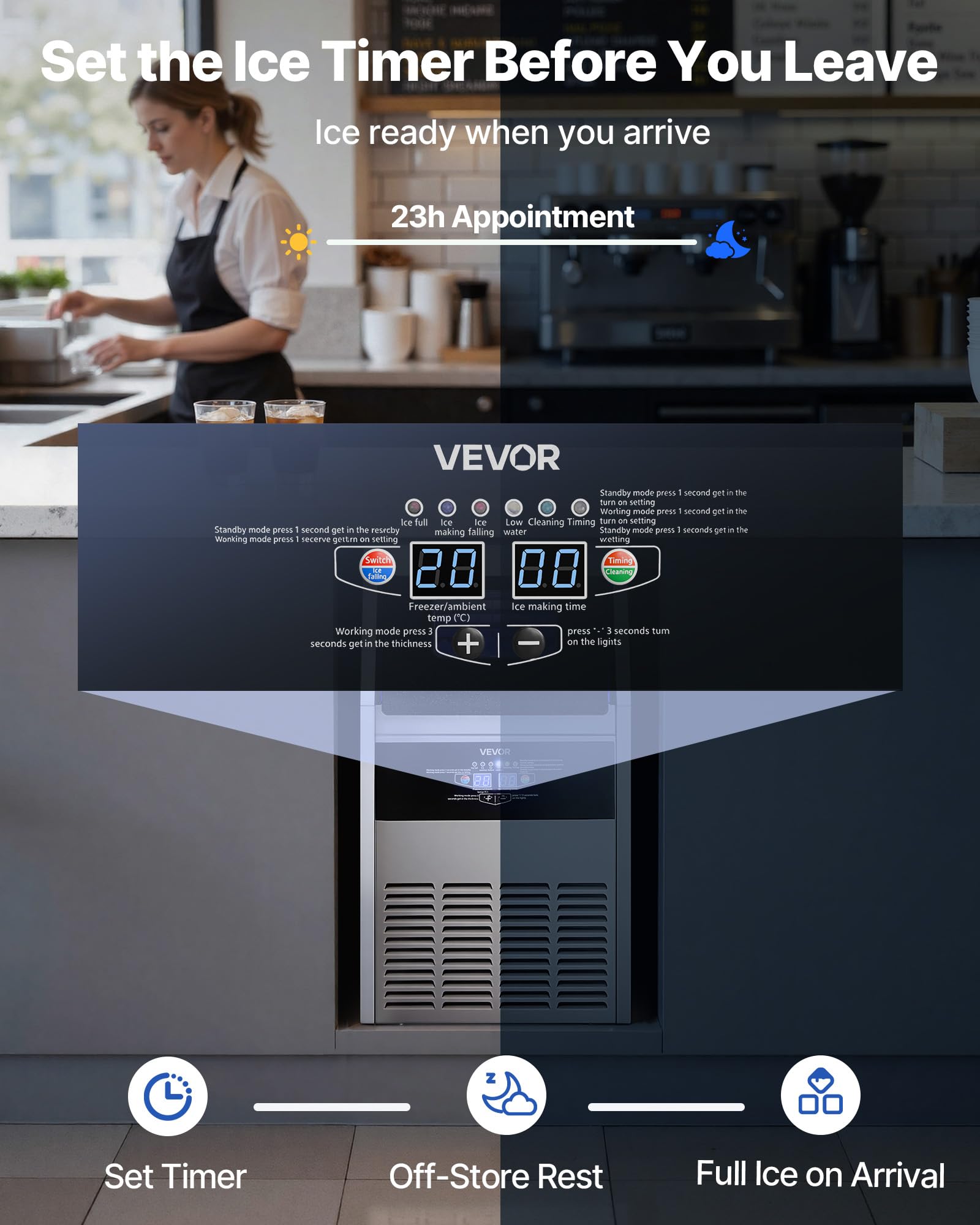 VEVOR Commercial Ice Maker Machine, 80 lbs/24h with 13 lbs Storage Capacity, Countertop/Freestanding/Under Counter, Stainless Steel Ice Maker with LED Display & Self-Cleaning, for Home Bar Restaurant