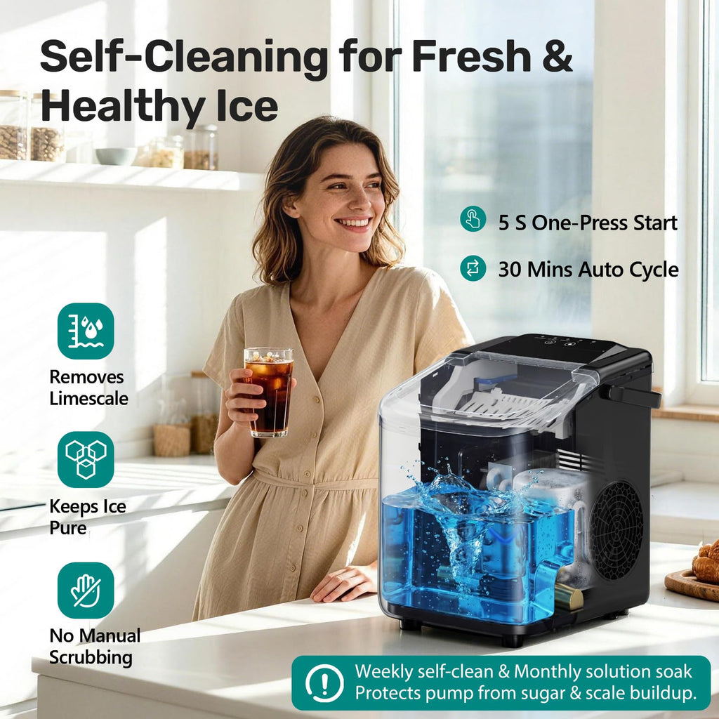 OLIXIS Countertop Ice Maker with Self-Cleaning, Portable Ice Maker Machine with Scoop, 26Lbs/24H, 9 Cubes in 6 Mins, 2 Sizes of Bullet for Home, Kitchen, Office, Black