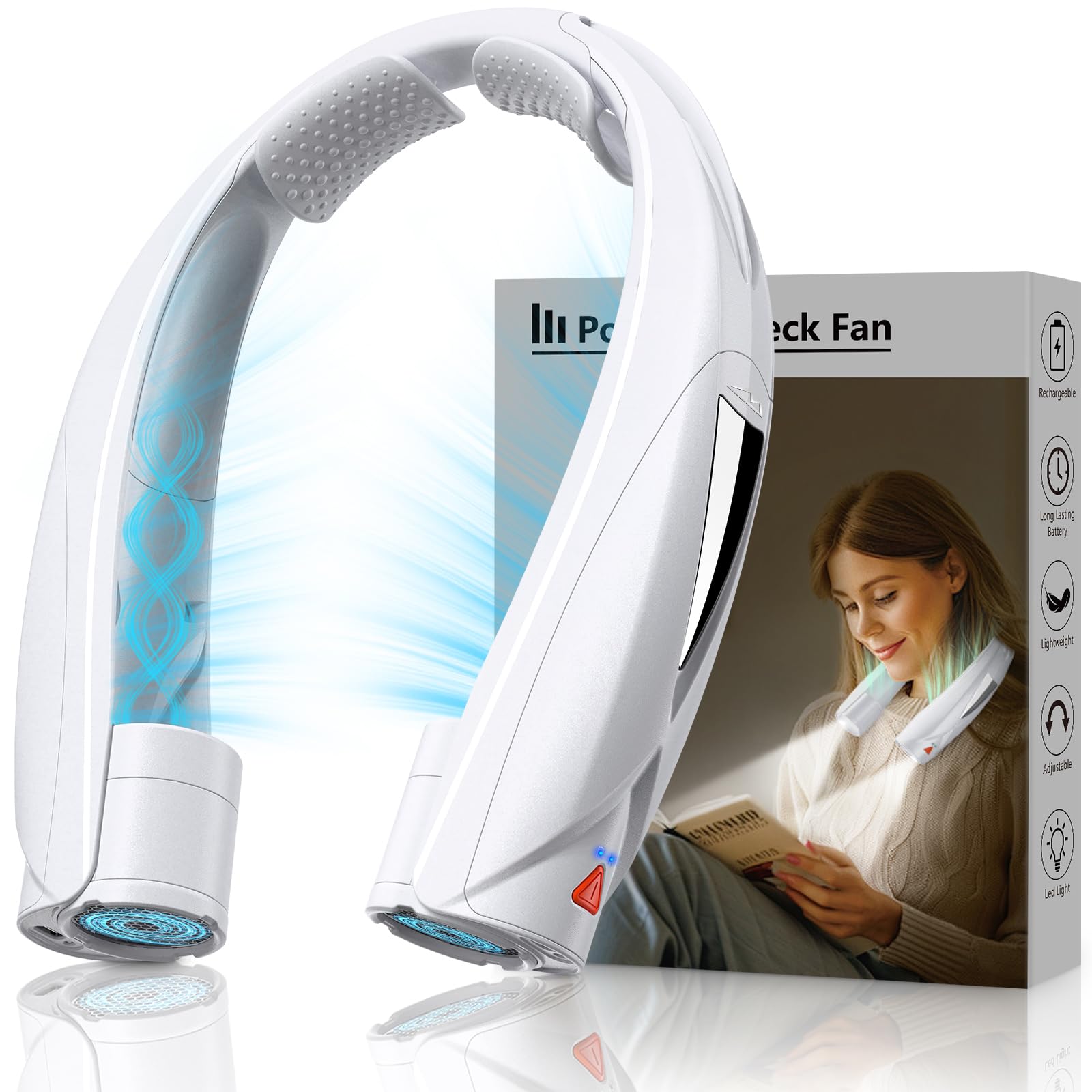 Laimiod Neck Fan - Portable Neck Fan with LED Book Light, 6-20h Long Battery Life, 6 Speeds Adjustable, USB-C Rechargeable, Hands-Free Wearable Fan, Cooling Personal Fan Gifts for Men Women Dad Mom | Comfortable Silicone Made, 6-20 Hours Long Lasting, 6 A