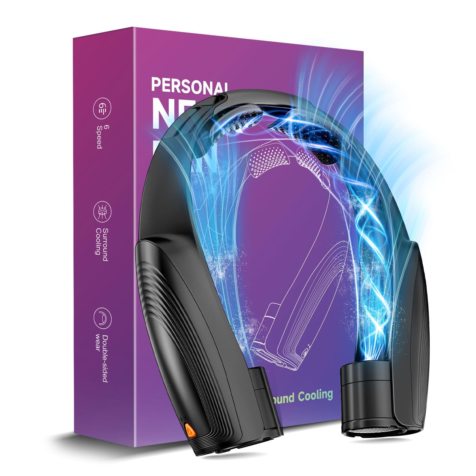Portable Neck Fan with 6 Powerful Speeds, 8000mAh Battery Operated USB-C Rechargeable Fan, 20H Runtime, Hands-Free 360° Cooling Personal Wearable Neck Fan, Gift for Women Men Travel Concerts(Black)