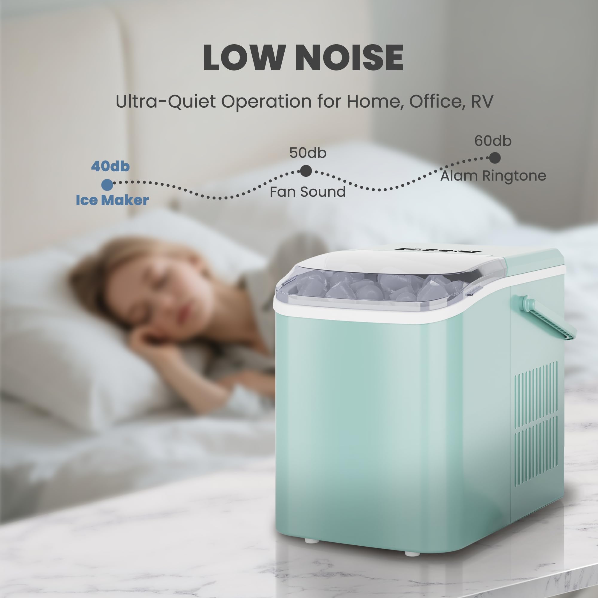 DUMOS Countertop Ice Maker with Handle, 26lbs/24H Portable Ice Machine | 9 Bullet Cubes Ready in 6 Mins, Self-Cleaning, Quiet Compact for Home, Kitchen, RV, Camping, Bright Black