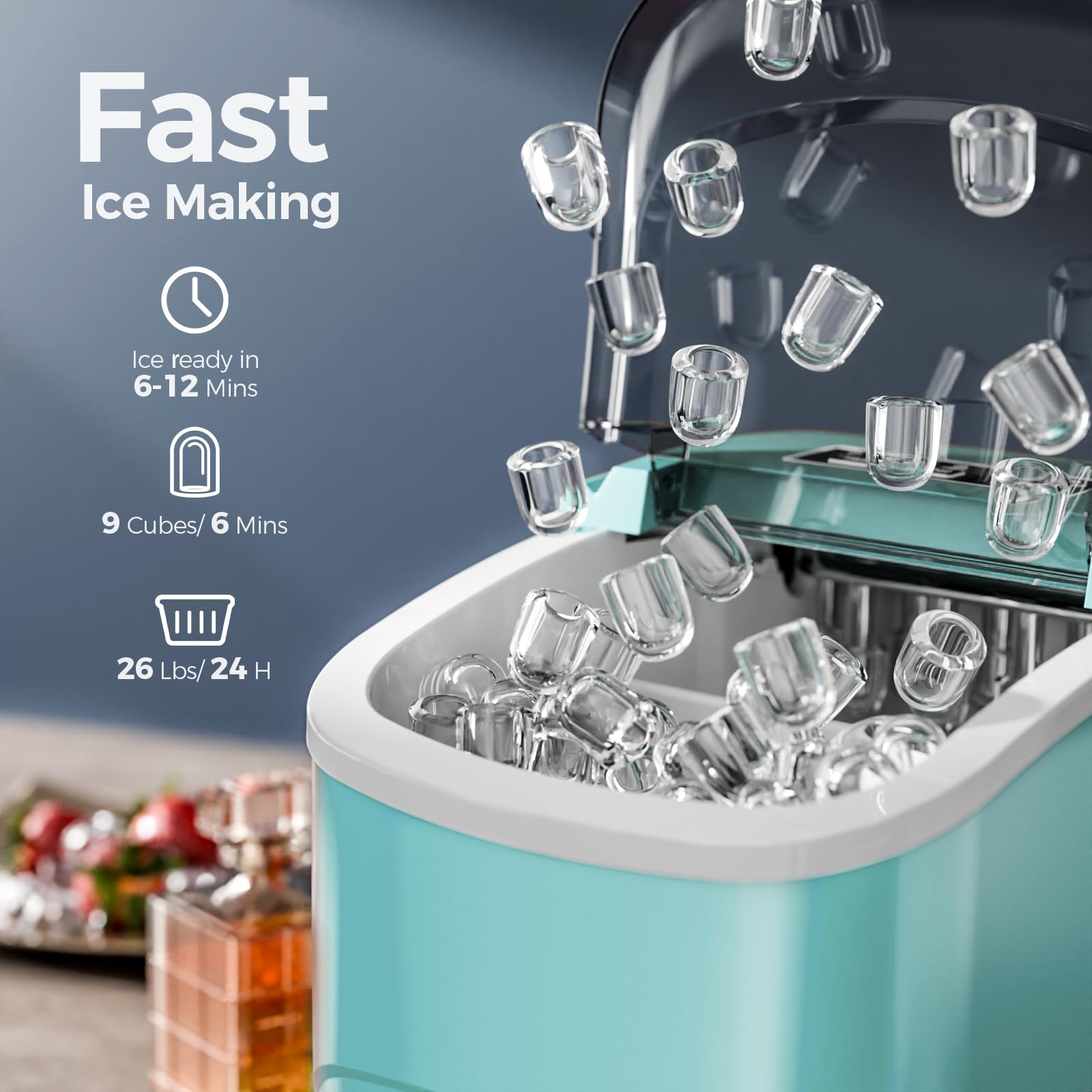 Electactic Ice Makers Countertop,26Lbs/24H,8Pcs in 6Mins,Portable Ice Maker Machine with Self-Cleaning,Interior Lighting,2 Sizes of Bullet Ice for Home/Office/Party(Black)
