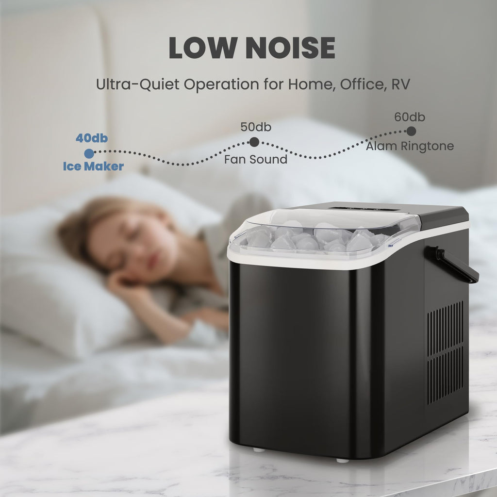 DUMOS Countertop Ice Maker with Handle, 26lbs/24H Portable Ice Machine, 9 Bullet Cubes Ready in 6 Mins, Self-Cleaning, Quiet Compact for Home, Kitchen, RV, Camping, Modern Black