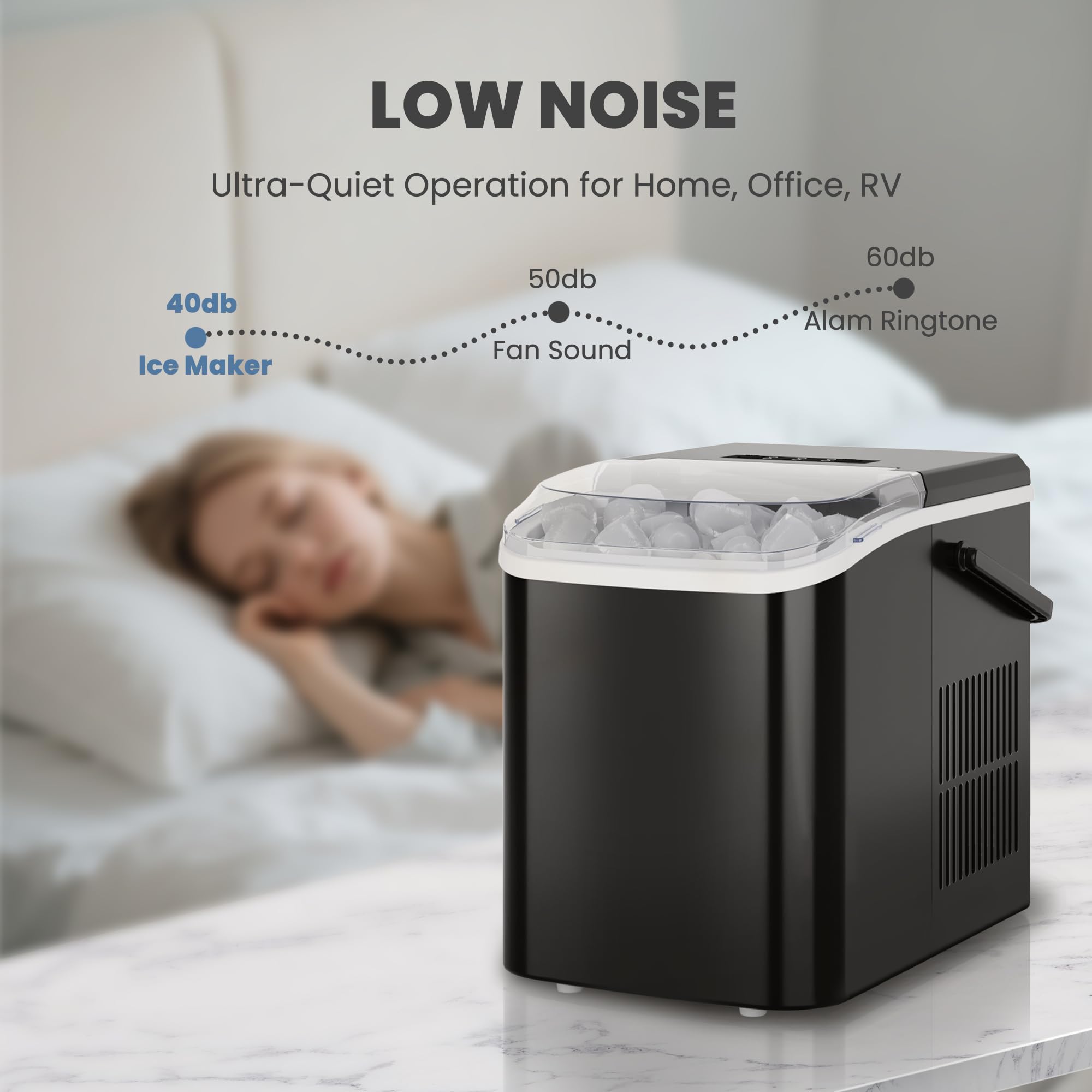 DUMOS Countertop Ice Maker with Handle, 26lbs/24H Portable Ice Machine, 9 Bullet Cubes Ready in 6 Mins, Self-Cleaning, Quiet Compact for Home, Kitchen, RV, Camping, Modern Black