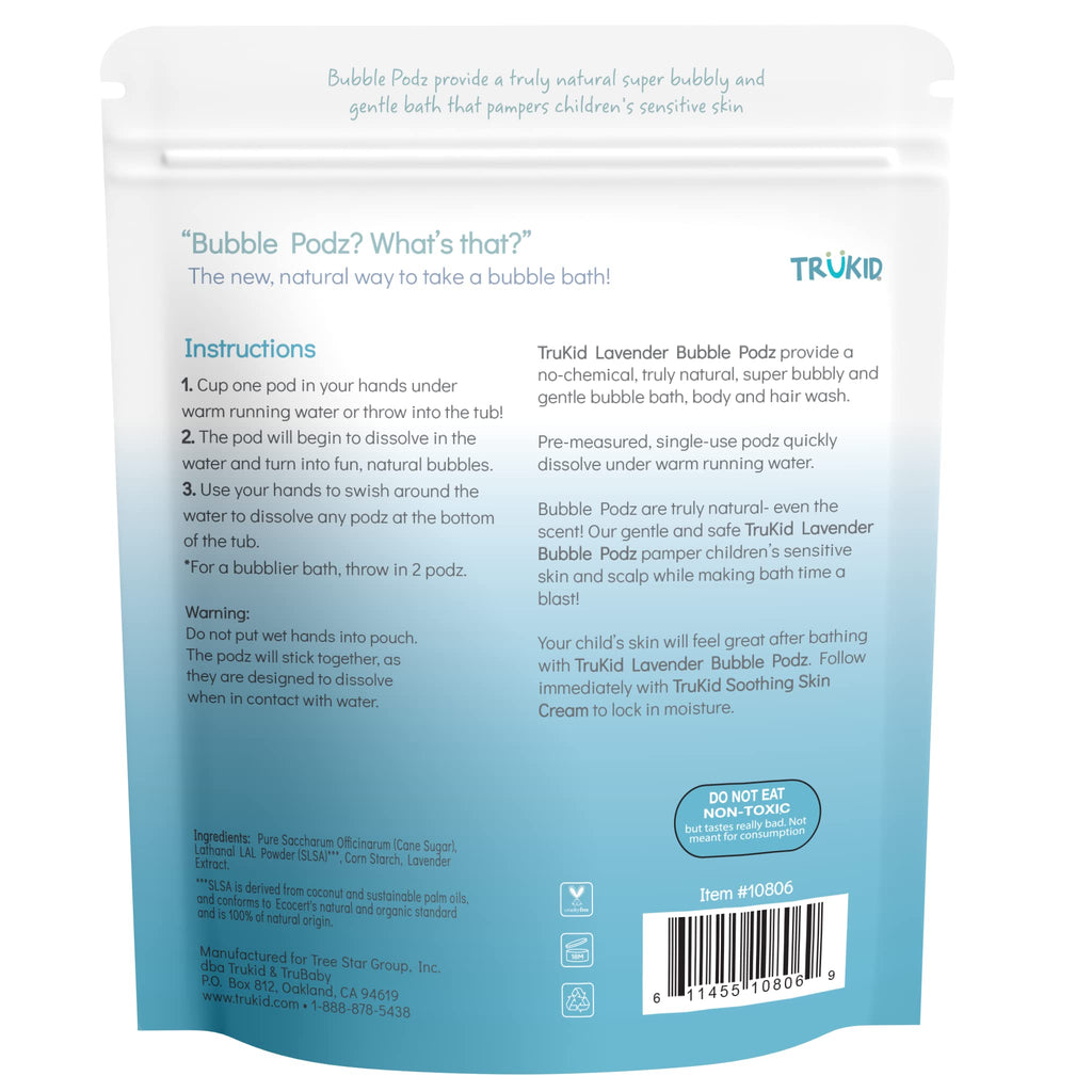 TruKid Bubble Podz Bubble Bath for Kids, Toddlers, & Babies, Tear Free Gentle & Refreshing Bath Bomb for Sensitive Skin with Natural Moisturizers, Non-Toxic, pH Balanced, Lavender Scent (10 Podz)