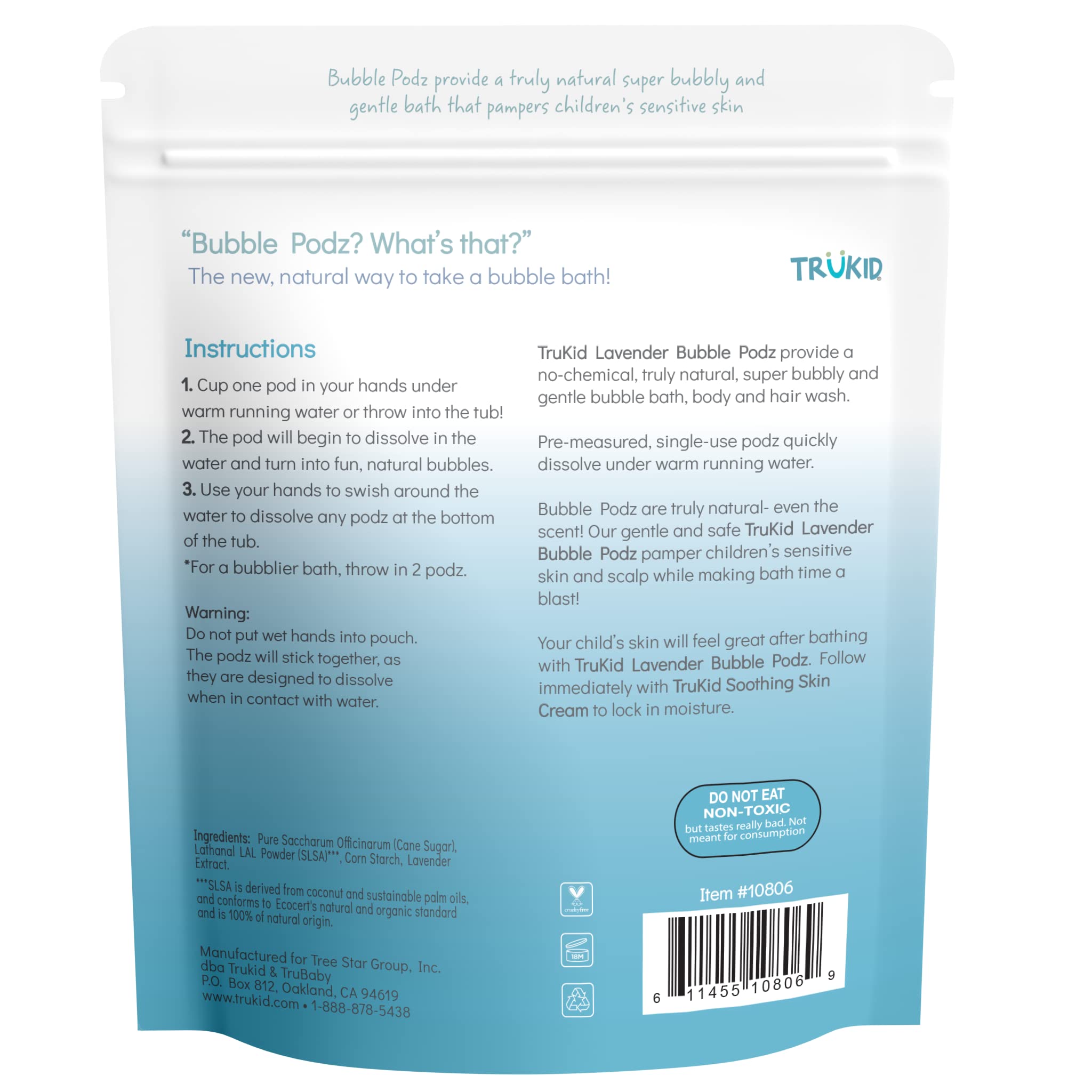 TruKid Bubble Podz Bubble Bath for Kids, Toddlers, & Babies, Tear Free Gentle & Refreshing Bath Bomb for Sensitive Skin with Natural Moisturizers, Non-Toxic, pH Balanced, Lavender Scent (10 Podz)