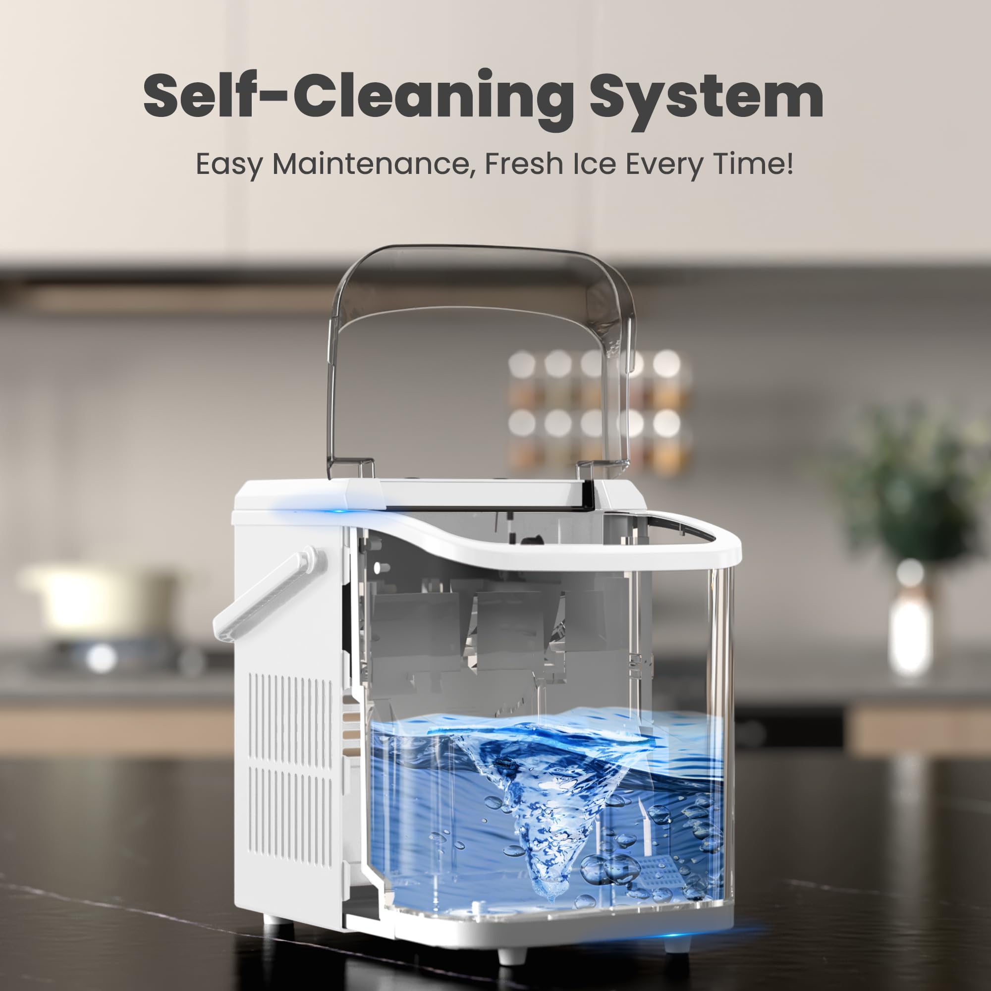 DUMOS Countertop Ice Maker with Handle, 26lbs/24H Portable Ice Machine | 9 Bullet Cubes Ready in 6 Mins, Self-Cleaning, Quiet Compact for Home, Kitchen, RV, Camping, Bright Black