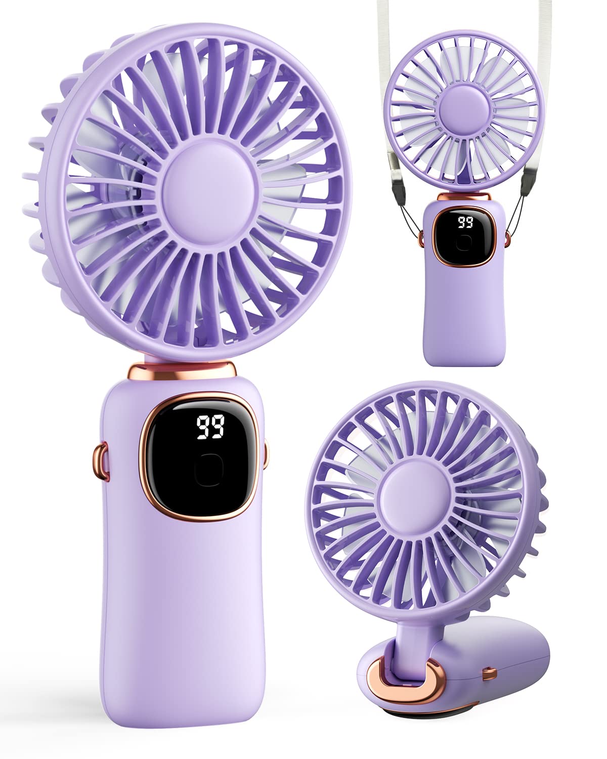 coldSky Portable Handheld Fan, 4000mAh Battery Operated with LED Display, Handheld/Neck/Desk 3 in 1 Personal Small Fan, 90° Foldable Desk Fan with Base, 5 Speed Lash Makeup Fan for Women
