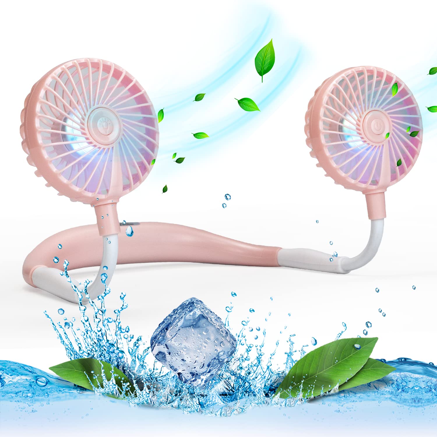 VAGAU Portable Neck Fan with Colorful LED Lights, 360 Rotation, Wearable Air Conditioner for Office Travel Sport, 3 Adjustable Speeds (Pink)