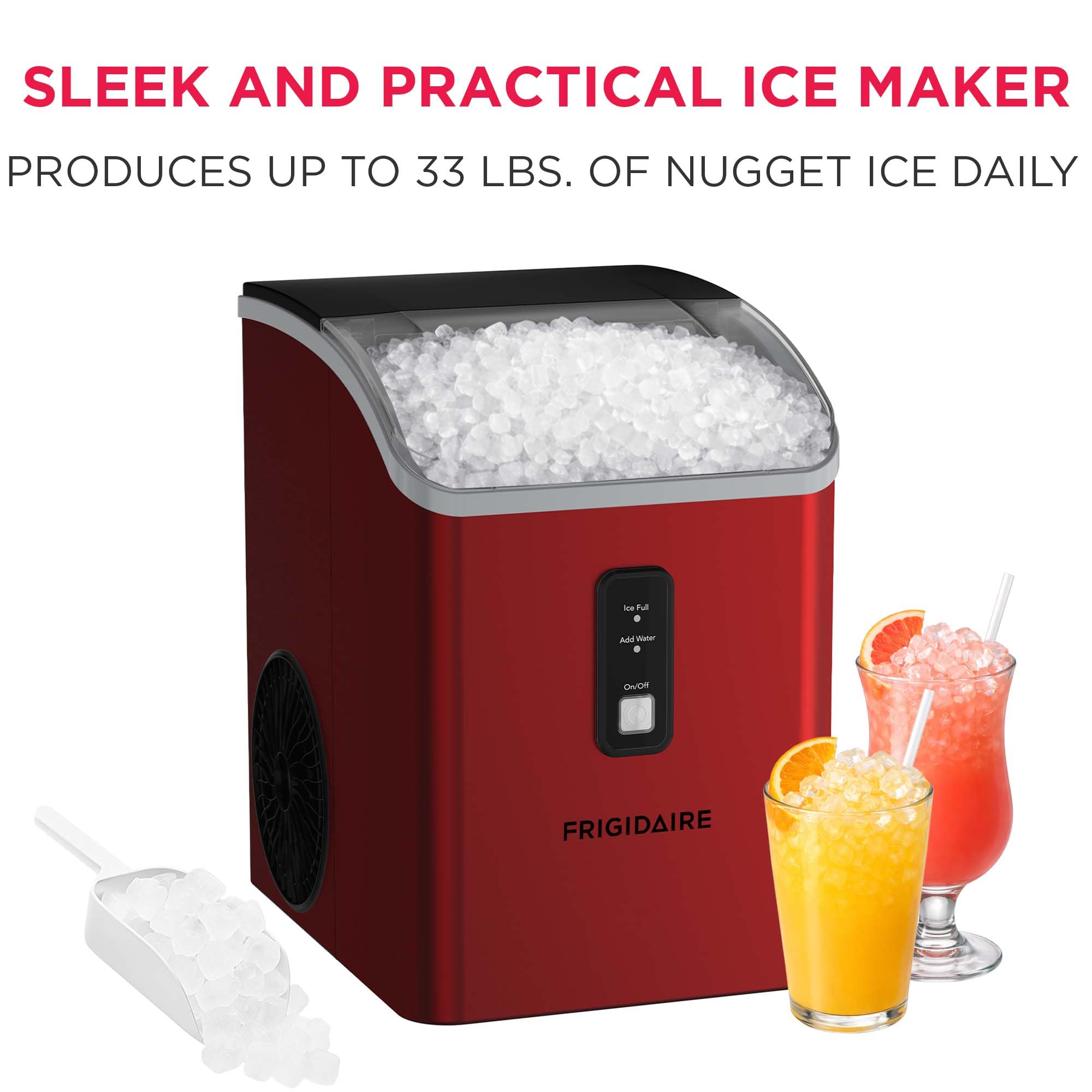 Frigidaire Countertop Crunchy Chewable Nugget Ice Maker, Compact, 33lbs per Day, Metallic Finish