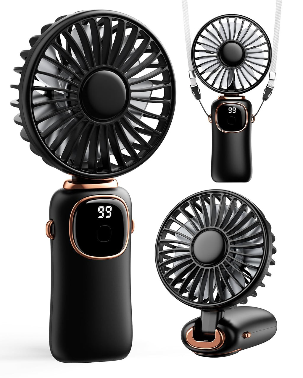 coldSky Portable Handheld Fan, 4000mAh Battery Operated with LED Display, Handheld/Neck/Desk 3 in 1 Personal Small Fan, 90° Foldable Desk Fan with Base, 5 Speed Lash Makeup Fan for Women