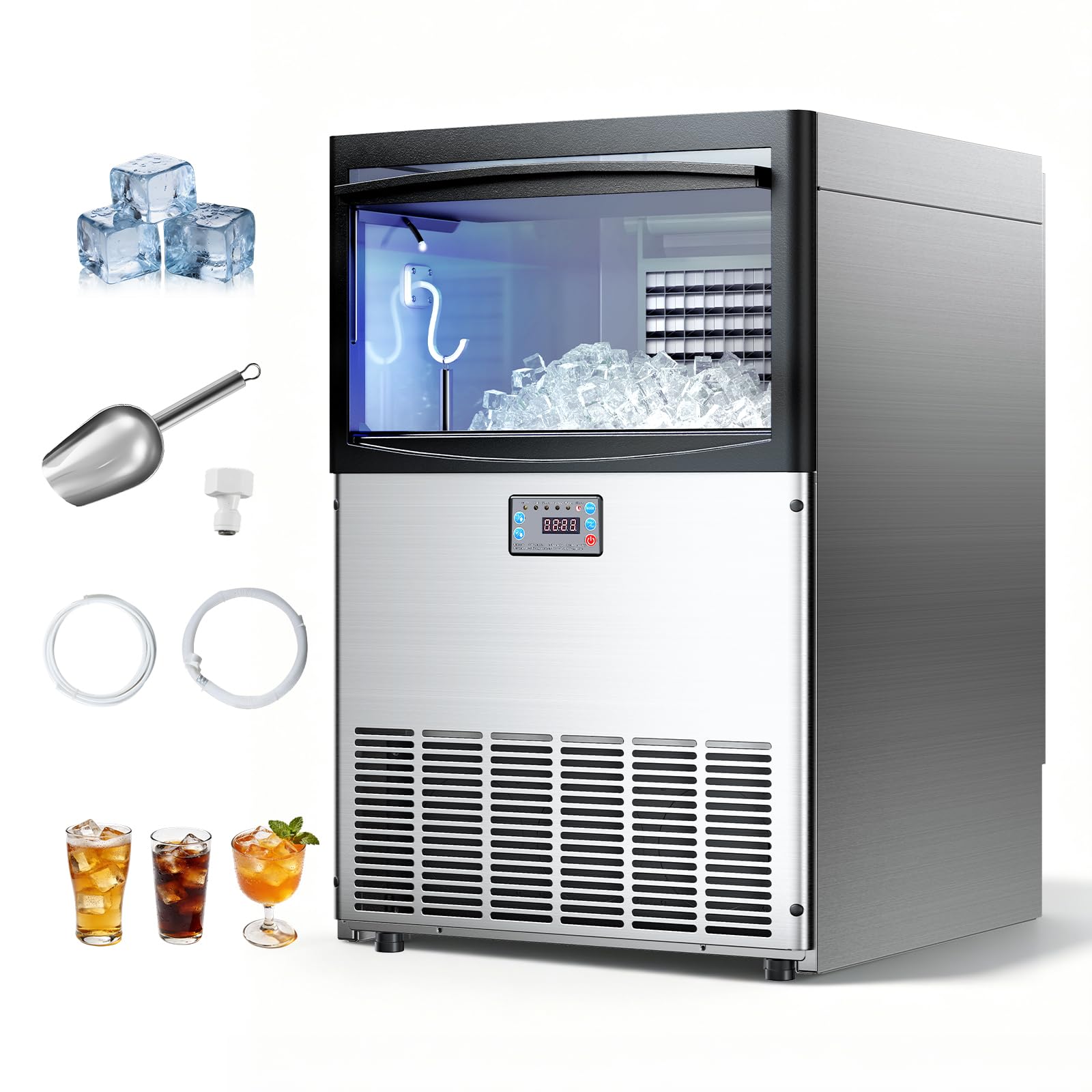 VEVOR Commercial Ice Maker Machine, 80 lbs/24h with 13 lbs Storage Capacity, Countertop/Freestanding/Under Counter, Stainless Steel Ice Maker with LED Display & Self-Cleaning, for Home Bar Restaurant