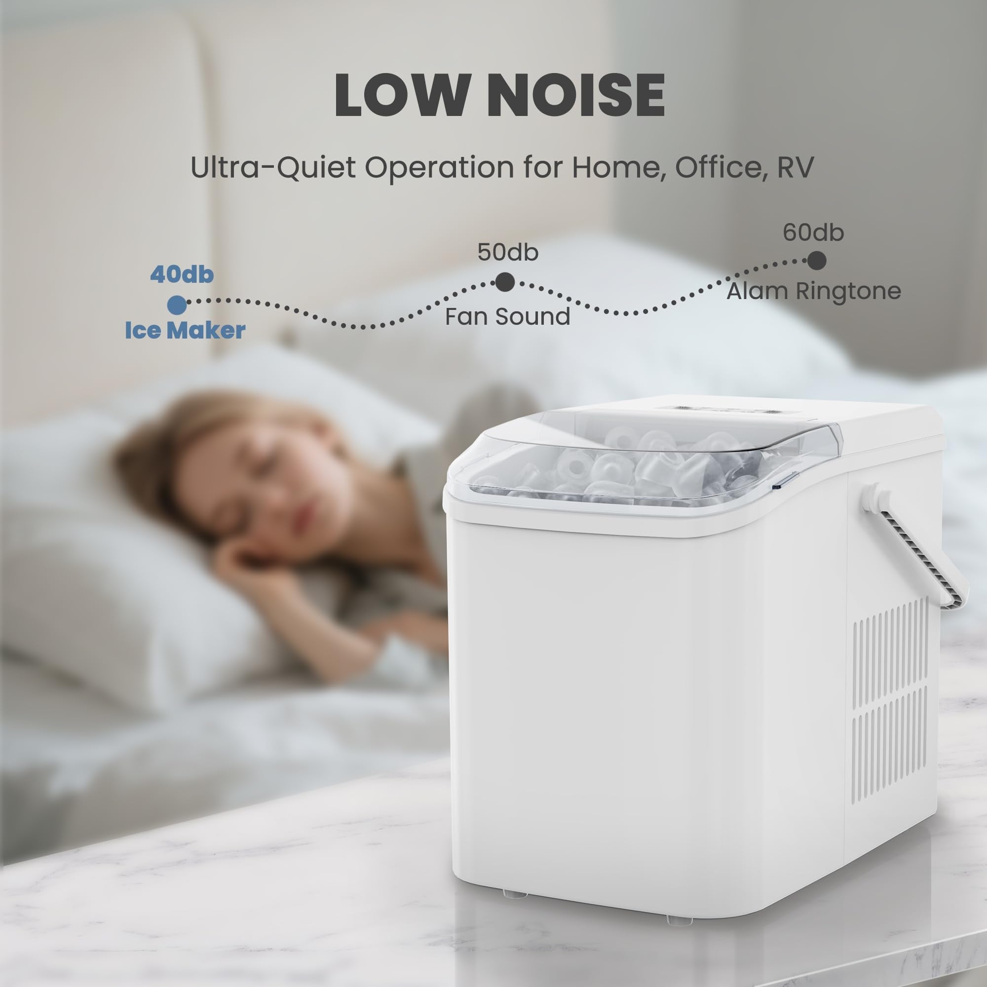 DUMOS Countertop Ice Maker with Handle, 26lbs/24H Portable Ice Machine | 9 Bullet Cubes Ready in 6 Mins, Self-Cleaning, Quiet Compact for Home, Kitchen, RV, Camping, Bright Black