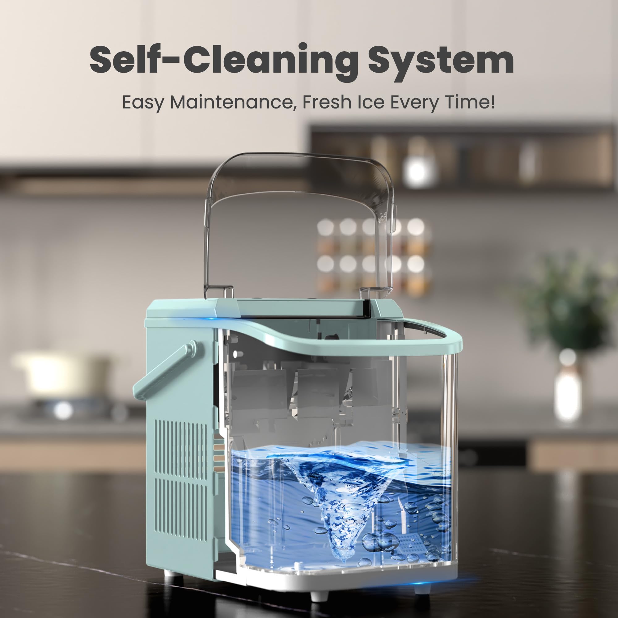 DUMOS Countertop Ice Maker with Handle, 26lbs/24H Portable Ice Machine | 9 Bullet Cubes Ready in 6 Mins, Self-Cleaning, Quiet Compact for Home, Kitchen, RV, Camping, Bright Black