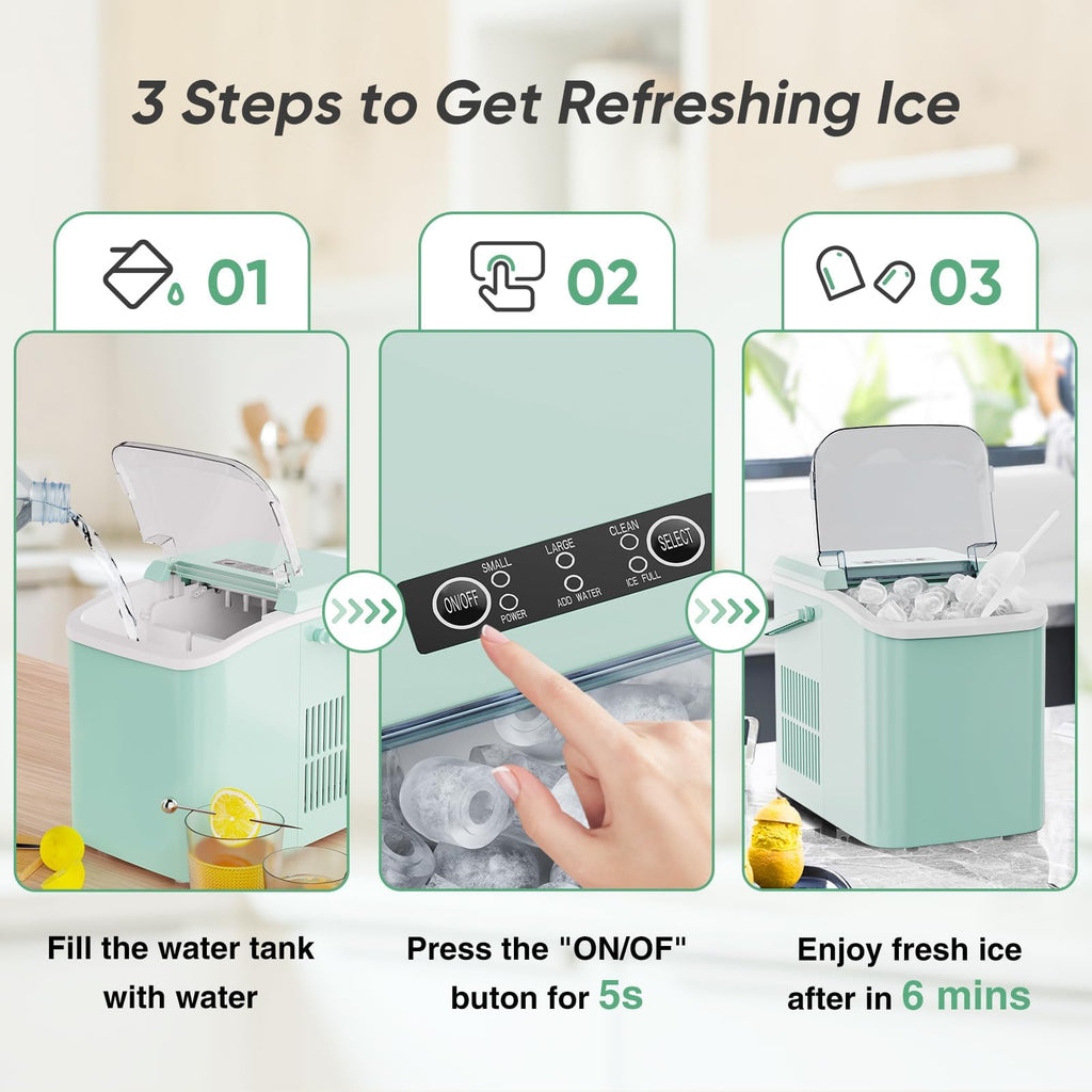 DUMOS Countertop Ice Maker with Handle, 26lbs/24H Portable Ice Machine, 9 Bullet Cubes Ready in 6 Mins, Self-Cleaning, Quiet Compact for Home, Kitchen, RV, Camping, Modern Black