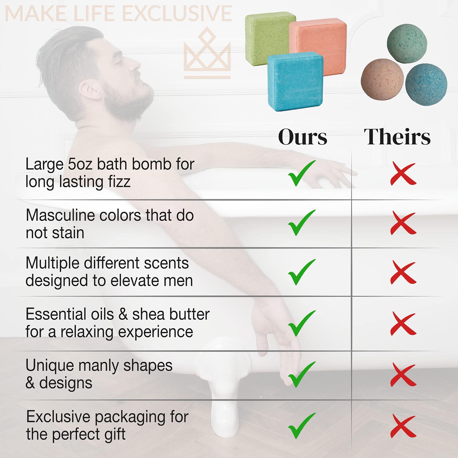 Bath Bombs for Men – 8 Large Diamond Shape Natural Mens Bath Bombs | Relaxing Bubble Bath Set & Bubble Bath Balls for Men | Masculine Scents & Skin Soothing Gift Set