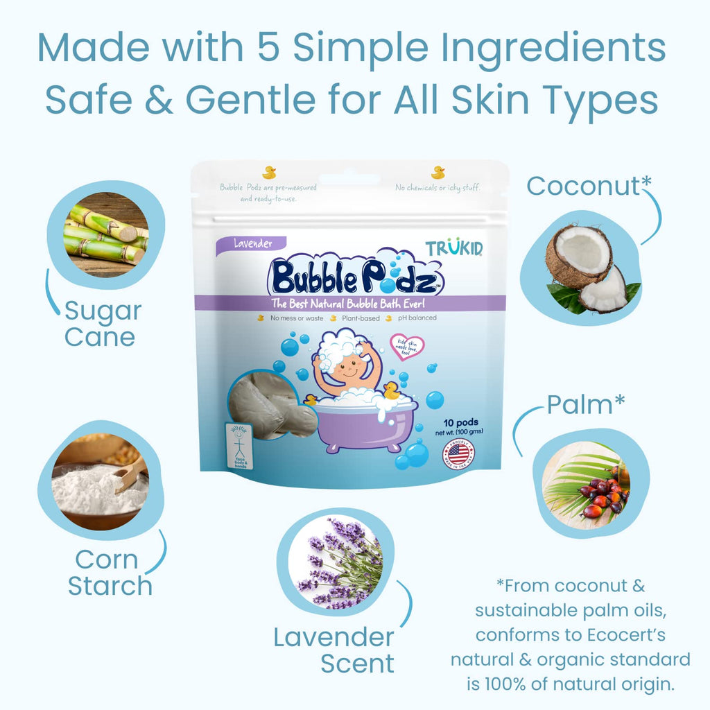 TruKid Bubble Podz Bubble Bath for Kids, Toddlers, & Babies, Tear Free Gentle & Refreshing Bath Bomb for Sensitive Skin with Natural Moisturizers, Non-Toxic, pH Balanced, Lavender Scent (10 Podz)