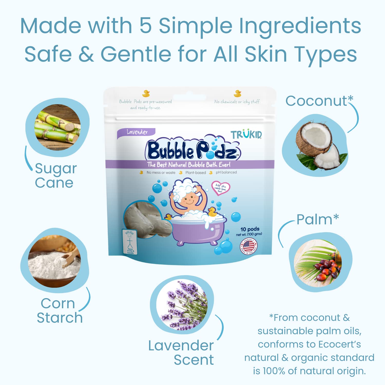 TruKid Bubble Podz Bubble Bath for Kids, Toddlers, & Babies, Tear Free Gentle & Refreshing Bath Bomb for Sensitive Skin with Natural Moisturizers, Non-Toxic, pH Balanced, Lavender Scent (10 Podz)