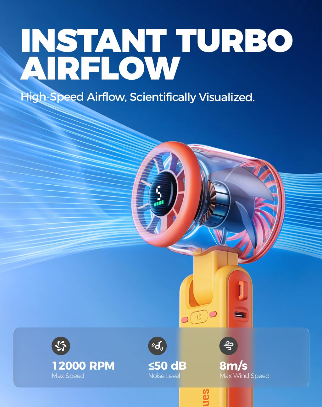 Diveblues Portable Handheld Turbo Fan | 3 IN 1 Hand/Neck/Desk Fan, Up to 12 Working Hours, 5 Gear Wind, Battery Operated, Travel, Working, Outdoor Activities