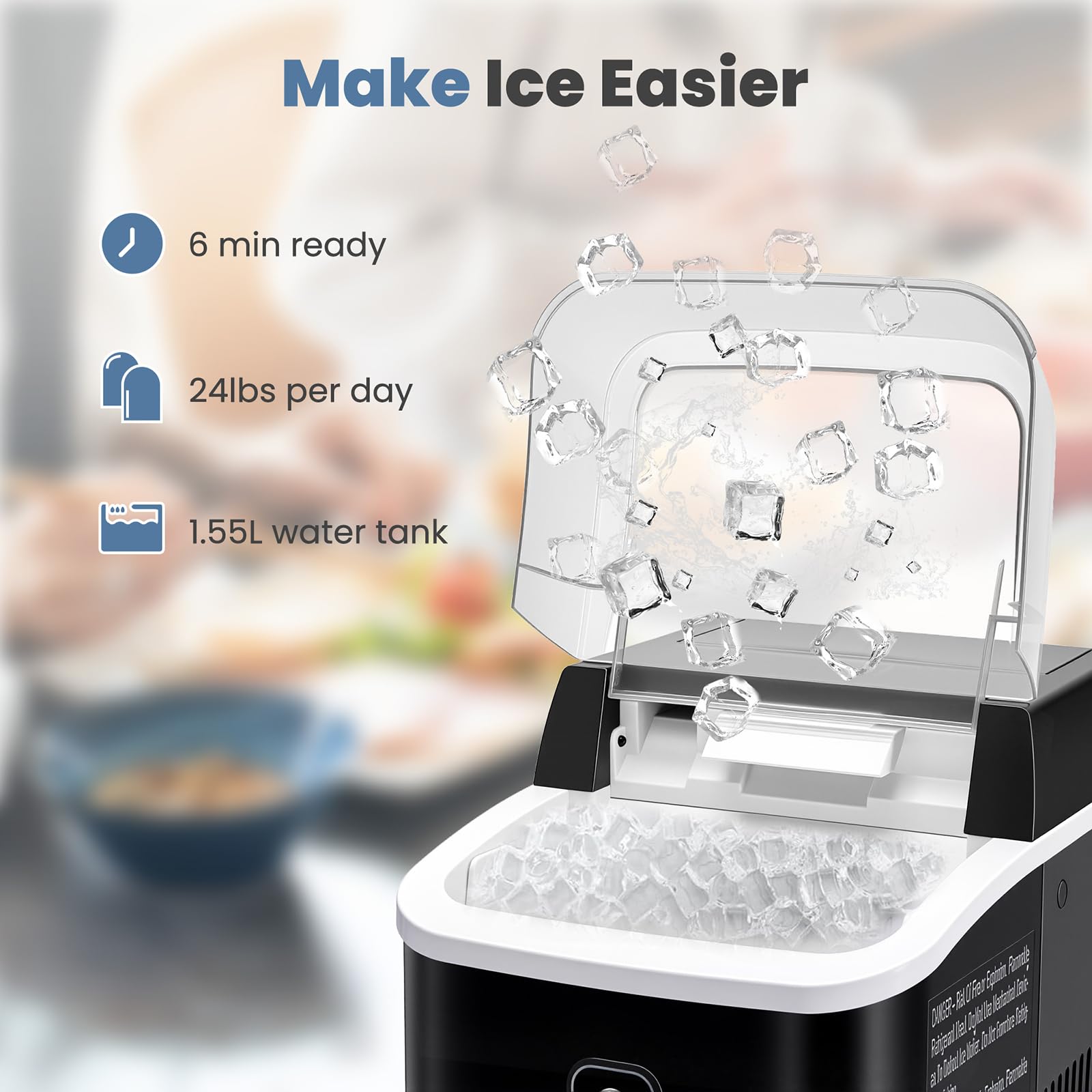 DUMOS Countertop Ice Maker with Handle, 26lbs/24H Portable Ice Machine | 9 Bullet Cubes Ready in 6 Mins, Self-Cleaning, Quiet Compact for Home, Kitchen, RV, Camping, Bright Black
