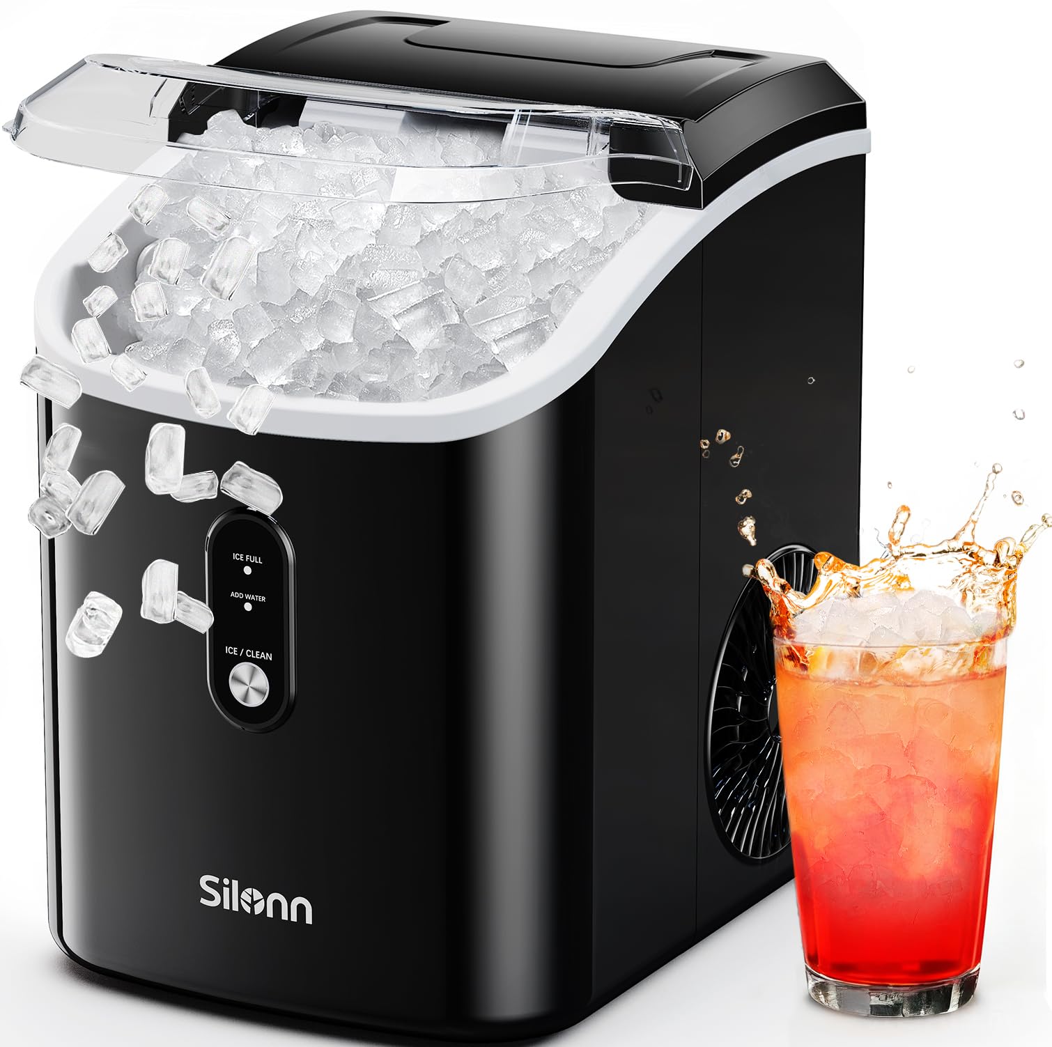 Silonn Nugget Ice Maker Countertop, Pellet Ice Machine with Self-Cleaning Function, Sonic Ice Maker Produces 36lbs of Chewable Ice in 24 Hours, Ideal for Home Kitchen and Office (Black)