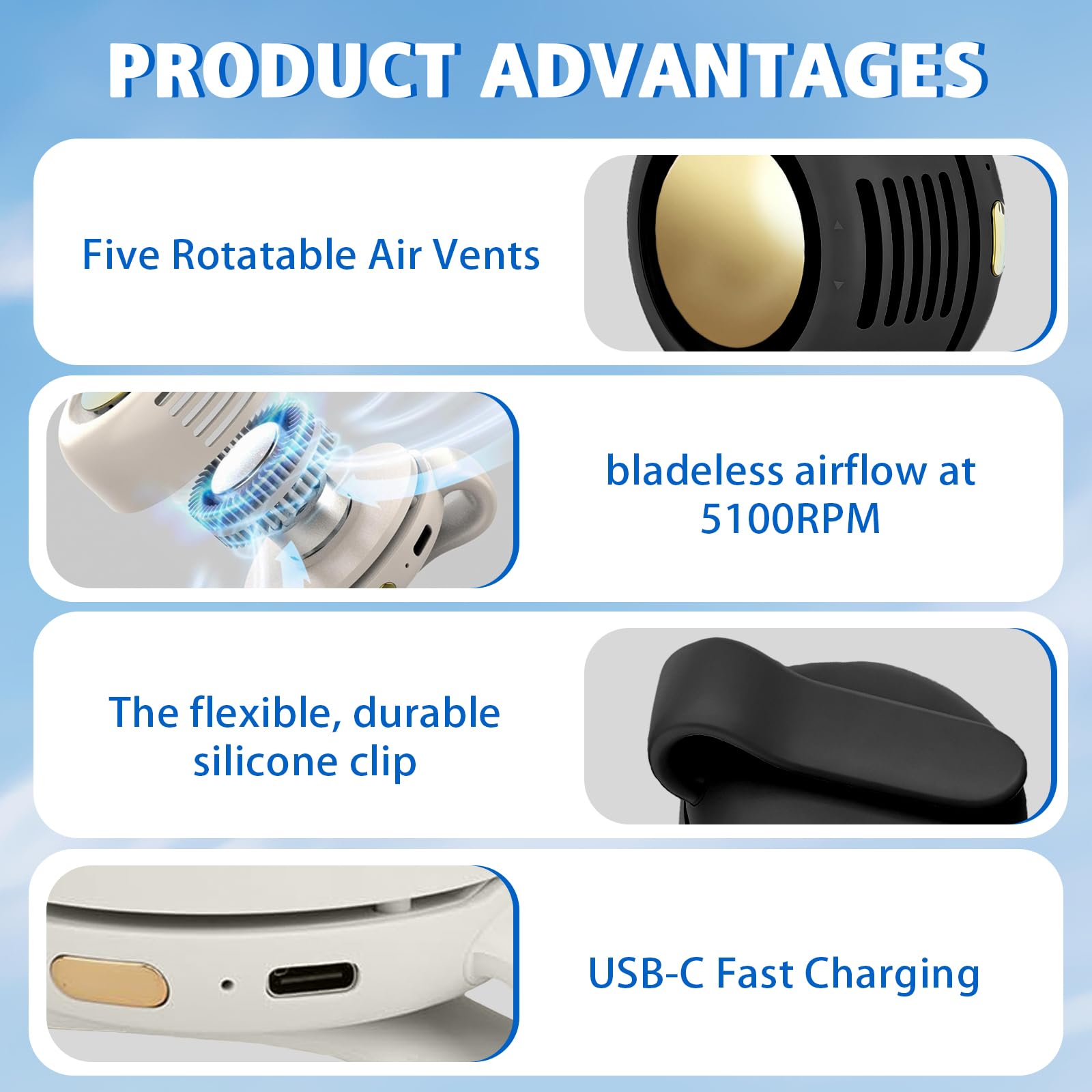 Portable Fan,2-in-1 Waist Clip On Bladeless, Ultra-Quiet Mini Personal Neck Fan 3 Speeds with 360°Adjustable Clip USB Rechargeable for Hiking,Office & Outdoor