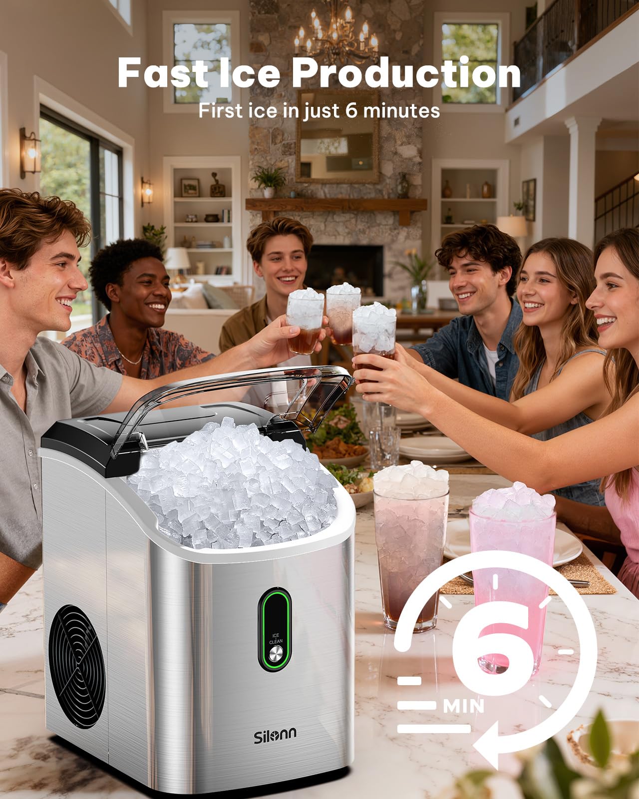 Silonn Nugget Ice Maker Countertop, Pellet Ice Machine with Self-Cleaning Function, Sonic Ice Maker Produces 36lbs of Chewable Ice in 24 Hours, Ideal for Home Kitchen and Office (Black)