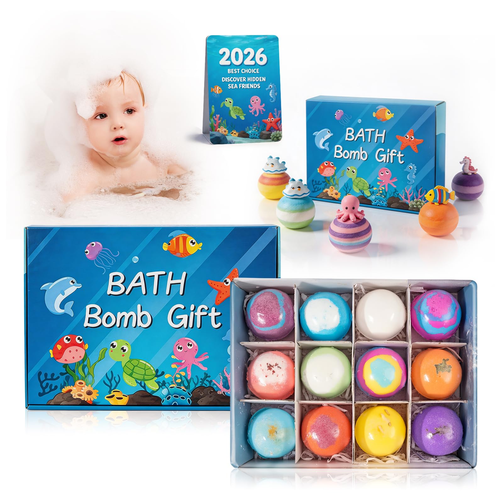 Bath Bombs with Toys Inside for Kids Toddler 1-3 Fizz Bathbombs Surprise Natural Organic Bubble Balls Boys and Girls Gifts Bulk Beads Foam Bubbly Ocean Burbujas para Bañera Niños