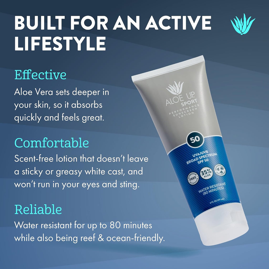 Aloe Up Sport Sunscreen Lotion SPF 50 - Broad Spectrum UVA/UVB Sunscreen Protector for Face and Body - With Hydrating Aloe Vera Gel - Non-Greasy - No White Cast - Reef Safe - Fragrance-Free - 6 Oz.