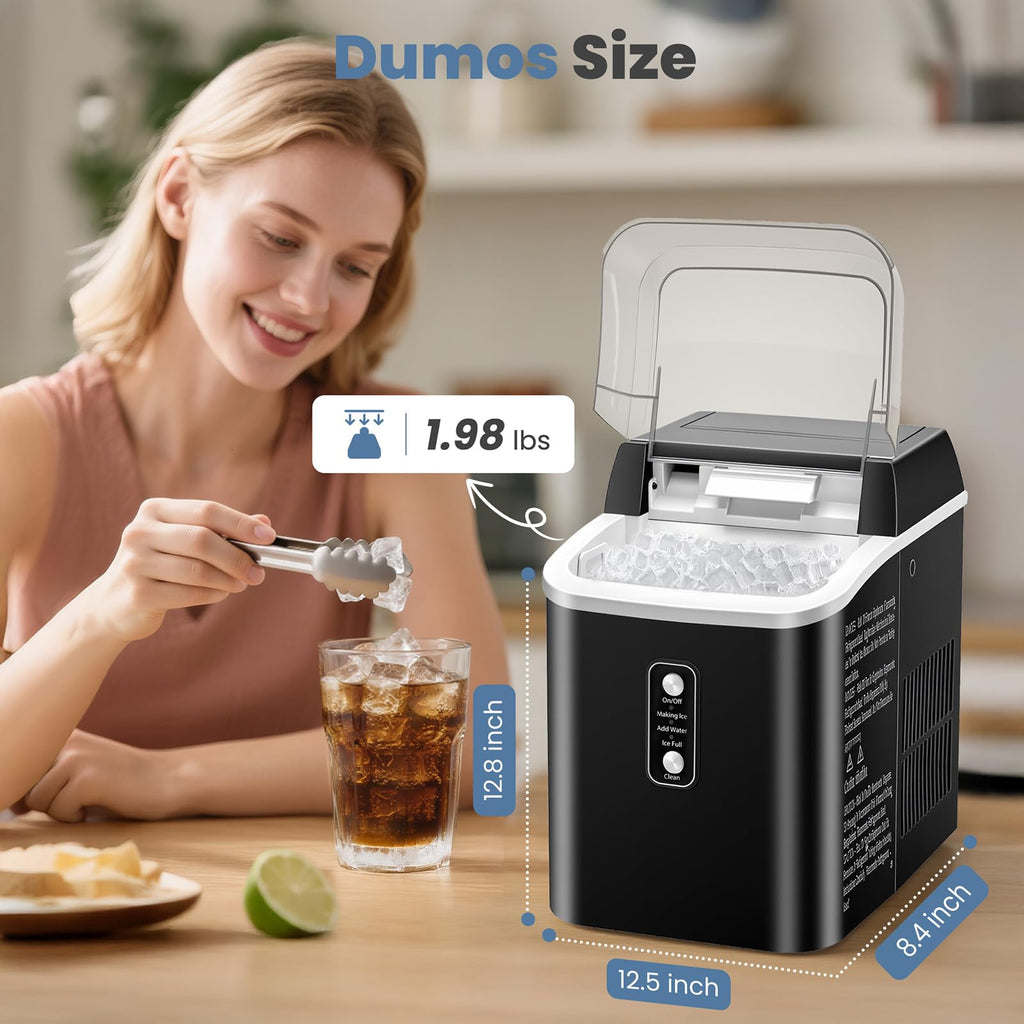 DUMOS Countertop Ice Maker with Handle, 26lbs/24H Portable Ice Machine | 9 Bullet Cubes Ready in 6 Mins, Self-Cleaning, Quiet Compact for Home, Kitchen, RV, Camping, Bright Black