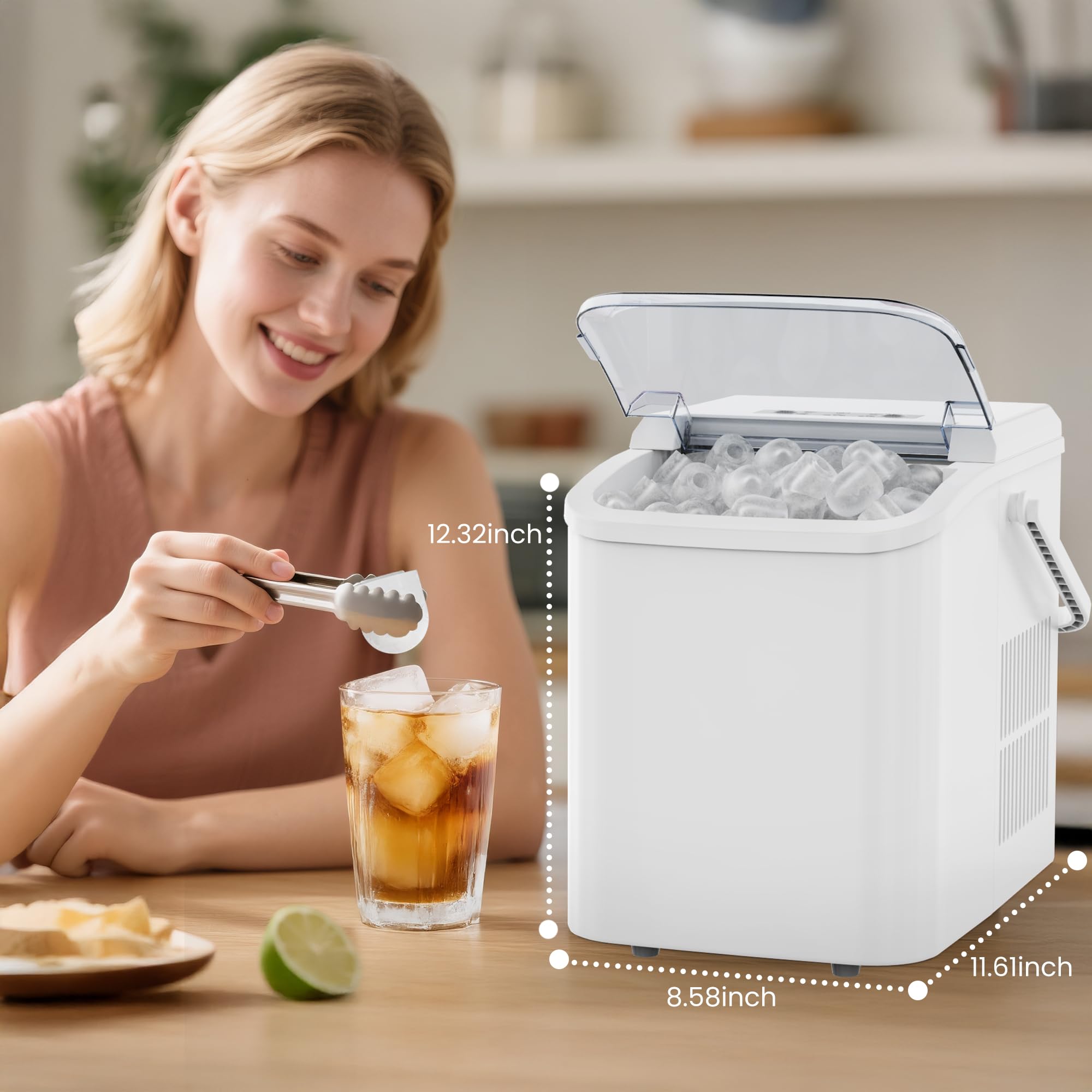 DUMOS Countertop Ice Maker with Handle, 26lbs/24H Portable Ice Machine | 9 Bullet Cubes Ready in 6 Mins, Self-Cleaning, Quiet Compact for Home, Kitchen, RV, Camping, Bright Black