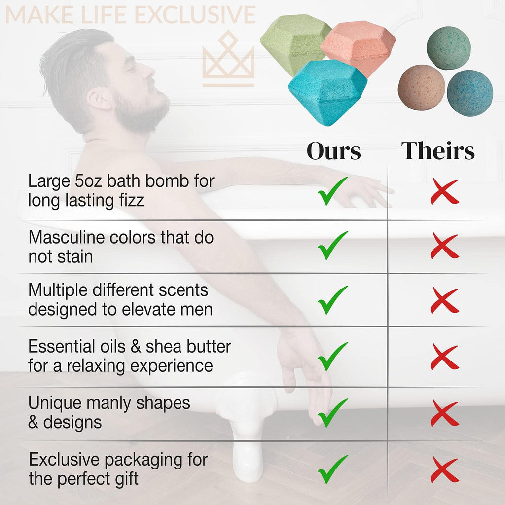 Bath Bombs for Men – 8 Large Diamond Shape Natural Mens Bath Bombs | Relaxing Bubble Bath Set & Bubble Bath Balls for Men | Masculine Scents & Skin Soothing Gift Set