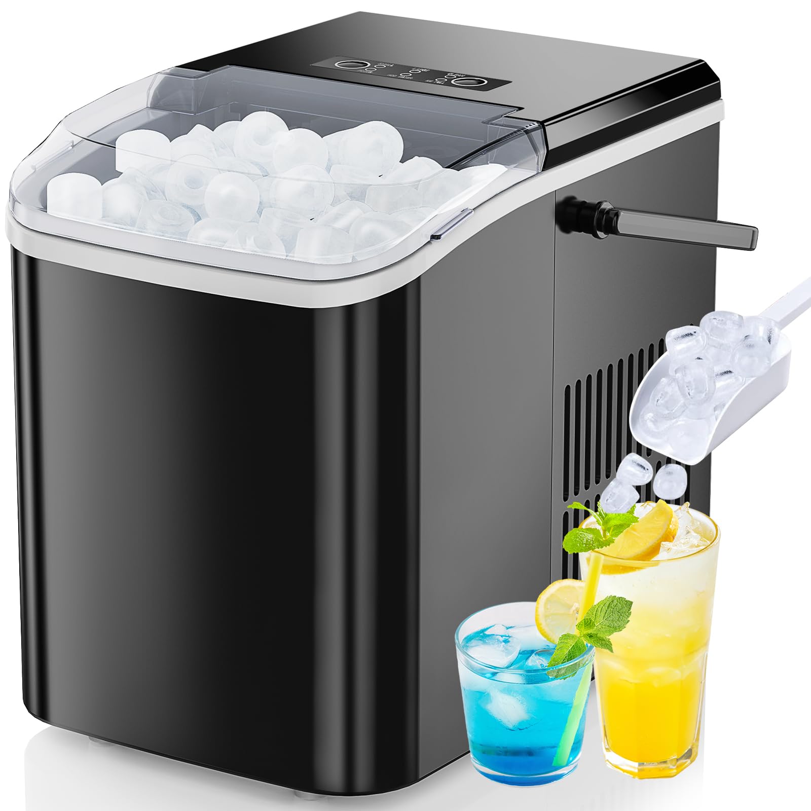 DUMOS Countertop Ice Maker with Handle, 26lbs/24H Portable Ice Machine | 9 Bullet Cubes Ready in 6 Mins, Self-Cleaning, Quiet Compact for Home, Kitchen, RV, Camping, Bright Black