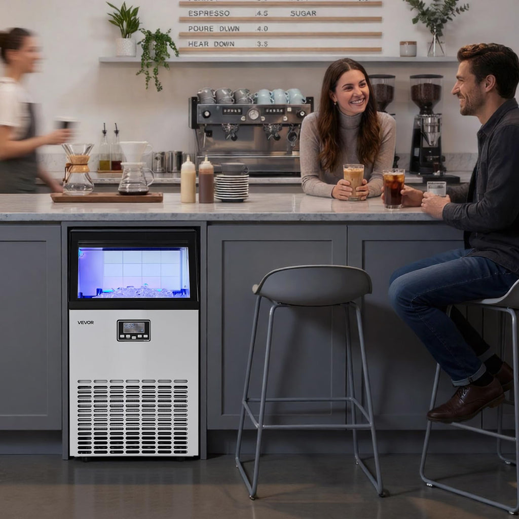VEVOR Commercial Ice Maker Machine, 80 lbs/24h with 13 lbs Storage Capacity, Countertop/Freestanding/Under Counter, Stainless Steel Ice Maker with LED Display & Self-Cleaning, for Home Bar Restaurant