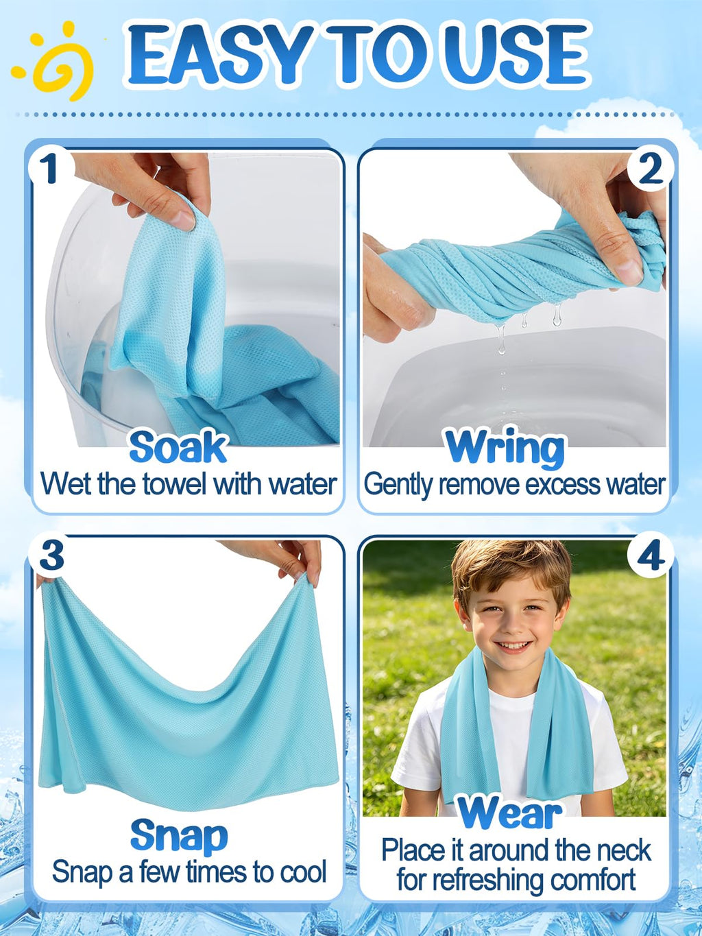 4 Pack Mini Cooling Towels (30"x9") - Kids Cooling Towel, Soft Breathable Cooling Neck Wraps with UPF 50 Sun Protection for Boys Girls Running Exercise Parent-child Activities School Outdoor Sports