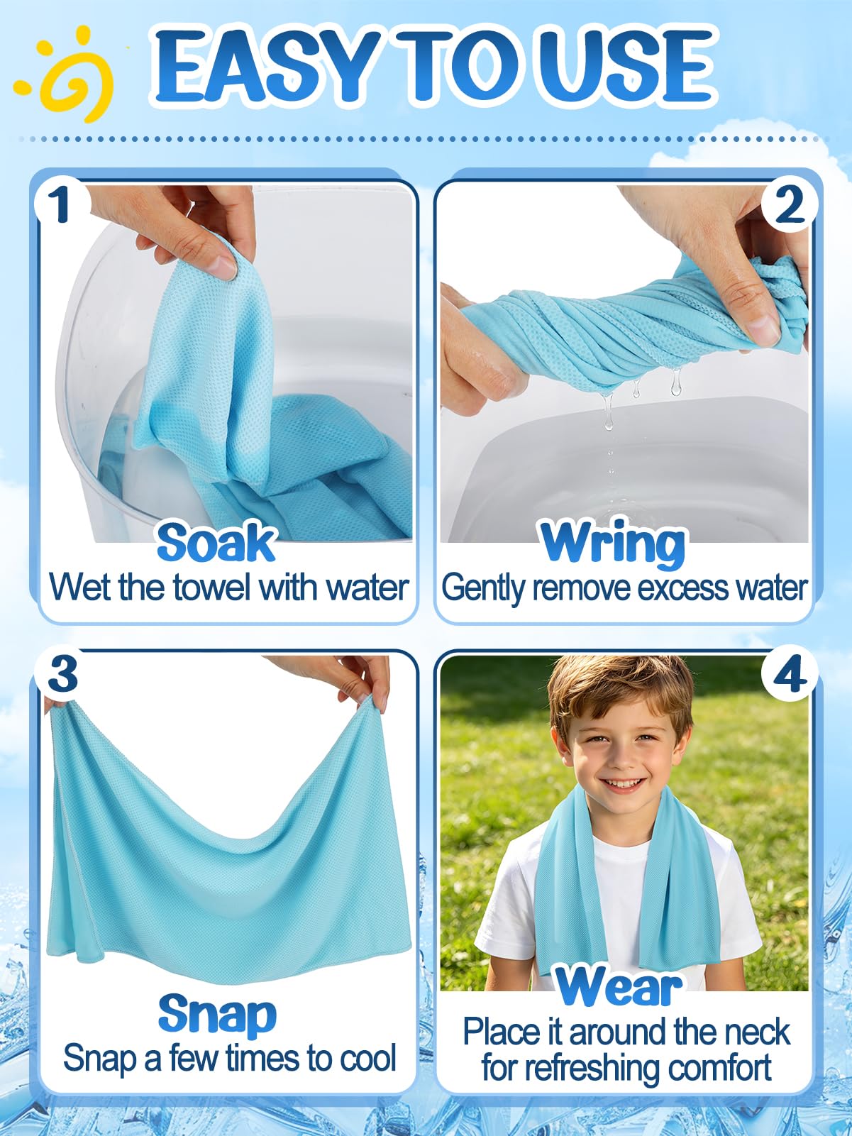 4 Pack Mini Cooling Towels (30"x9") - Kids Cooling Towel, Soft Breathable Cooling Neck Wraps with UPF 50 Sun Protection for Boys Girls Running Exercise Parent-child Activities School Outdoor Sports