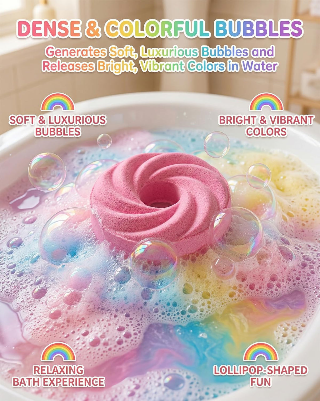 Cute Lollipop Bath Bomb – Colorful Bubble Bath Ball for Fun Baths Time Bubbly Splash Surprise Buddies Foaming Magic Baths Bombs Lollipop Toys Balls Surprise Foam Blow Bubbles Gift Bathroom (2pcs)