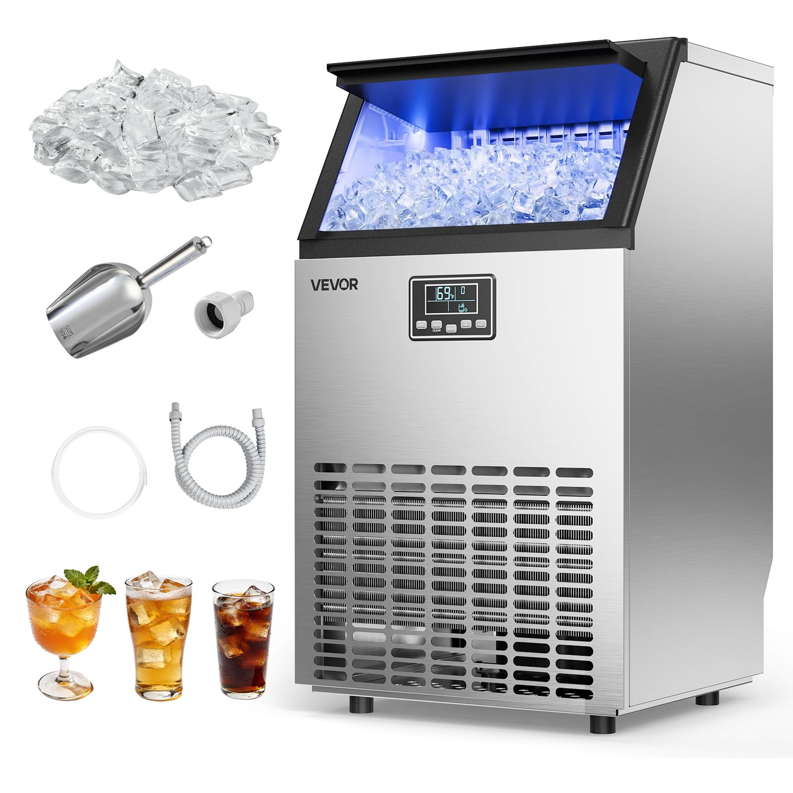 VEVOR Commercial Ice Maker Machine, 80 lbs/24h with 13 lbs Storage Capacity, Countertop/Freestanding/Under Counter, Stainless Steel Ice Maker with LED Display & Self-Cleaning, for Home Bar Restaurant