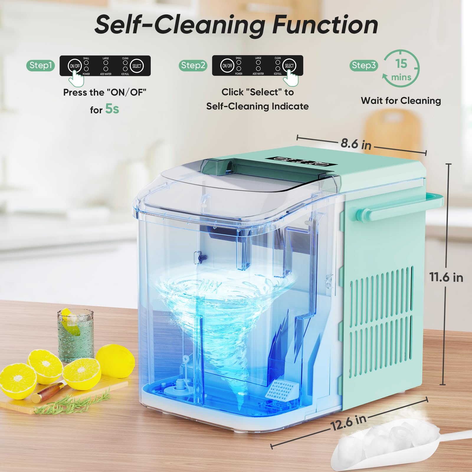 DUMOS Countertop Ice Maker with Handle, 26lbs/24H Portable Ice Machine | 9 Bullet Cubes Ready in 6 Mins, Self-Cleaning, Quiet Compact for Home, Kitchen, RV, Camping, Bright Black