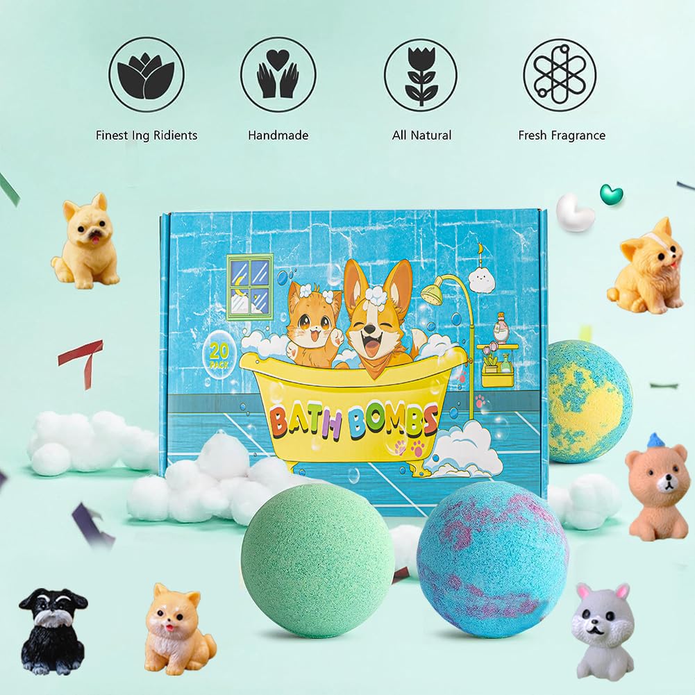 Bath Bombs for Kids with Surprise Inside for Girls Boys Toddlers, 20 Pack Organic Kids Bath Bombs with Puppy Dolls Inside, Kids Safe Handmade Bubble Bath Fizzies, Ideal Birthday Christmas Gift Set