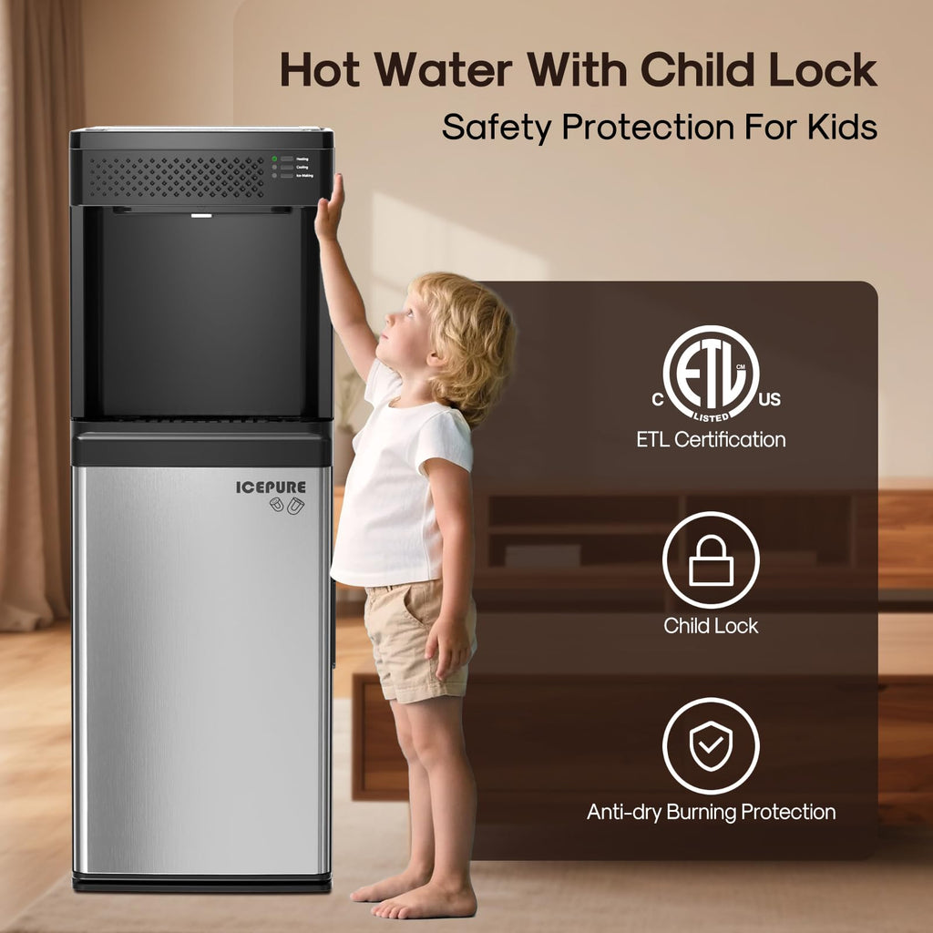 ICEPURE 3-in-1 Water Dispenser with Built-in Ice Maker, Water Cooler Dispenser for 5 Gallon Bottle Top Loading, Hot and Cold Water Dispenser with Child Lock for Home and Office, 33lbs/24H